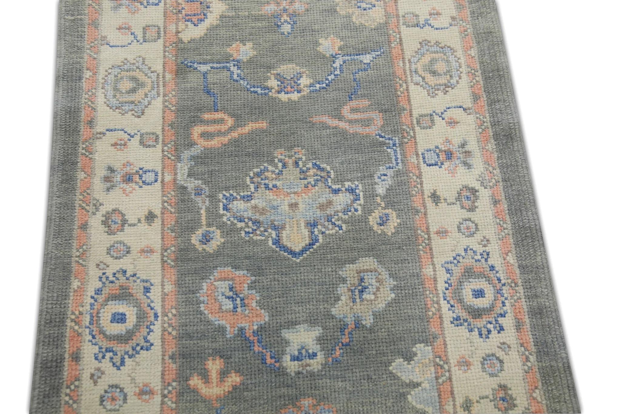 Gray Handwoven Wool Turkish Oushak Rug in Pink & Blue Floral Design 2'7