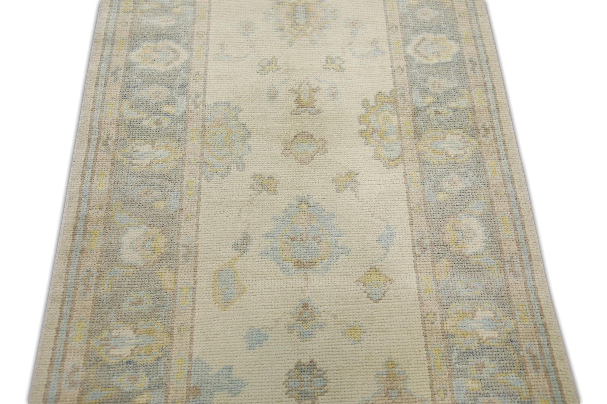 Blue and Yellow Handwoven Wool Floral Design Turkish Oushak Rug 3' x 7'10