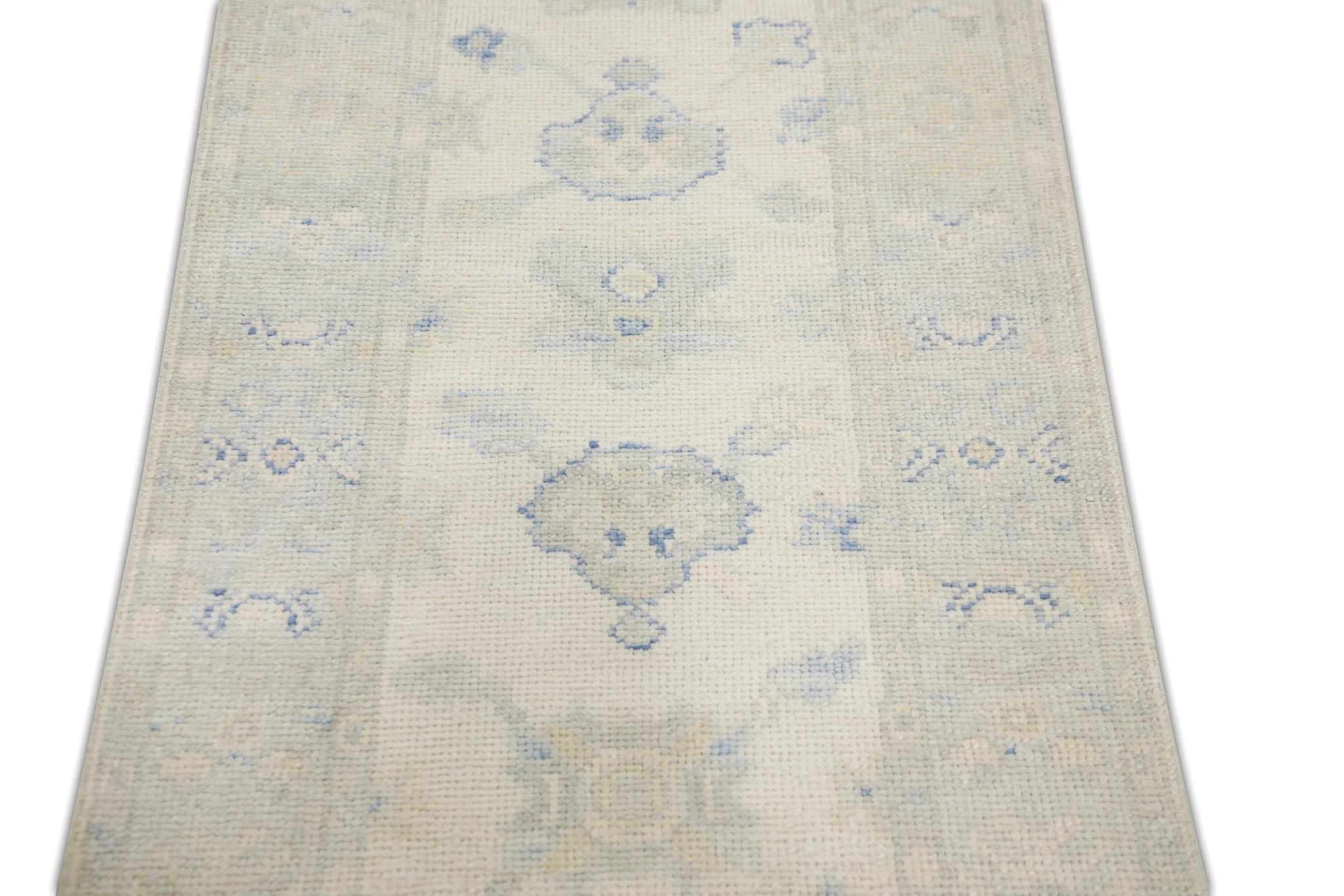 Cream Handwoven Wool Turkish Oushak Rug in Green & Blue Floral Design 2'5