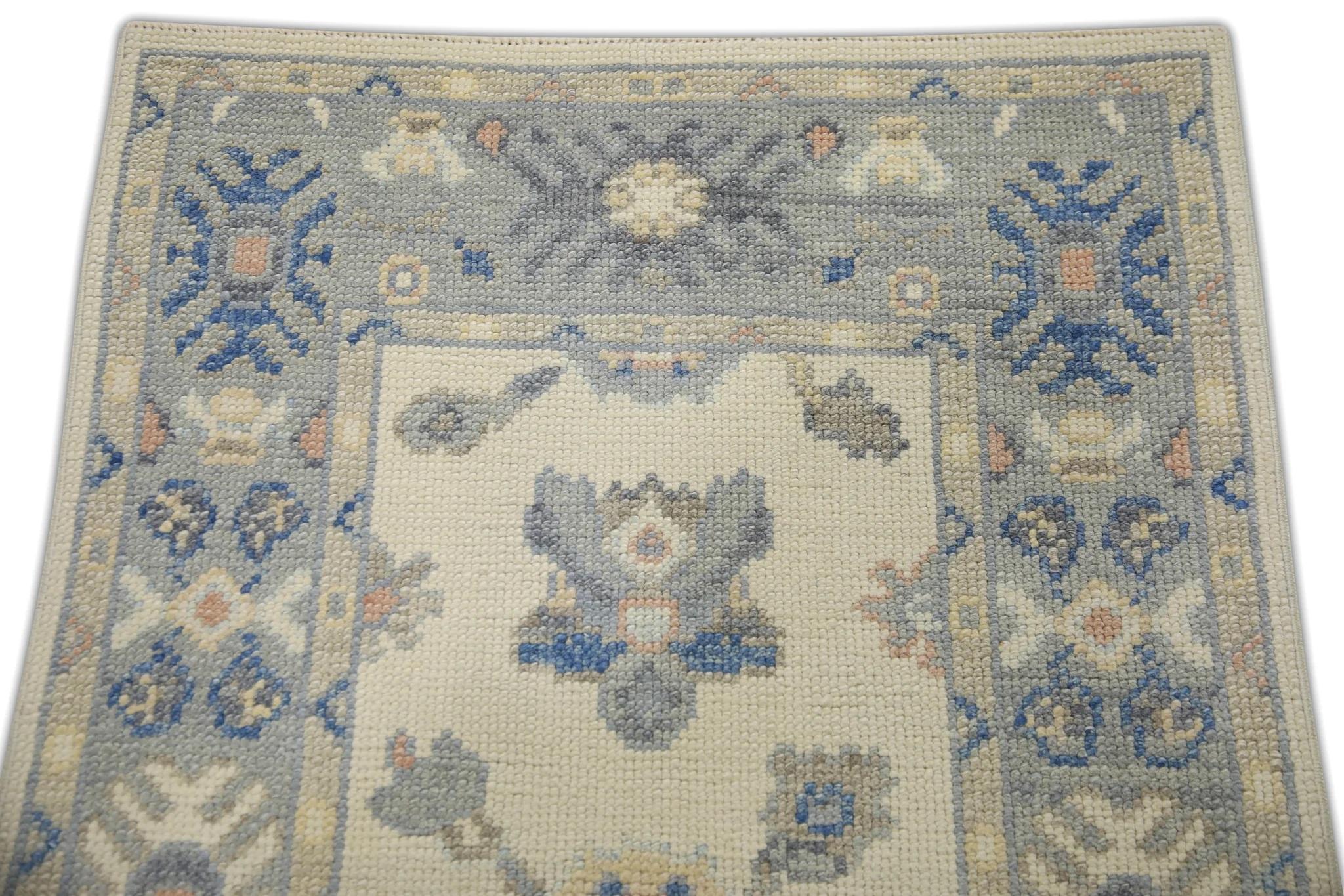 Cream Handwoven Wool Turkish Oushak Rug in Blue Floral Pattern 2'6