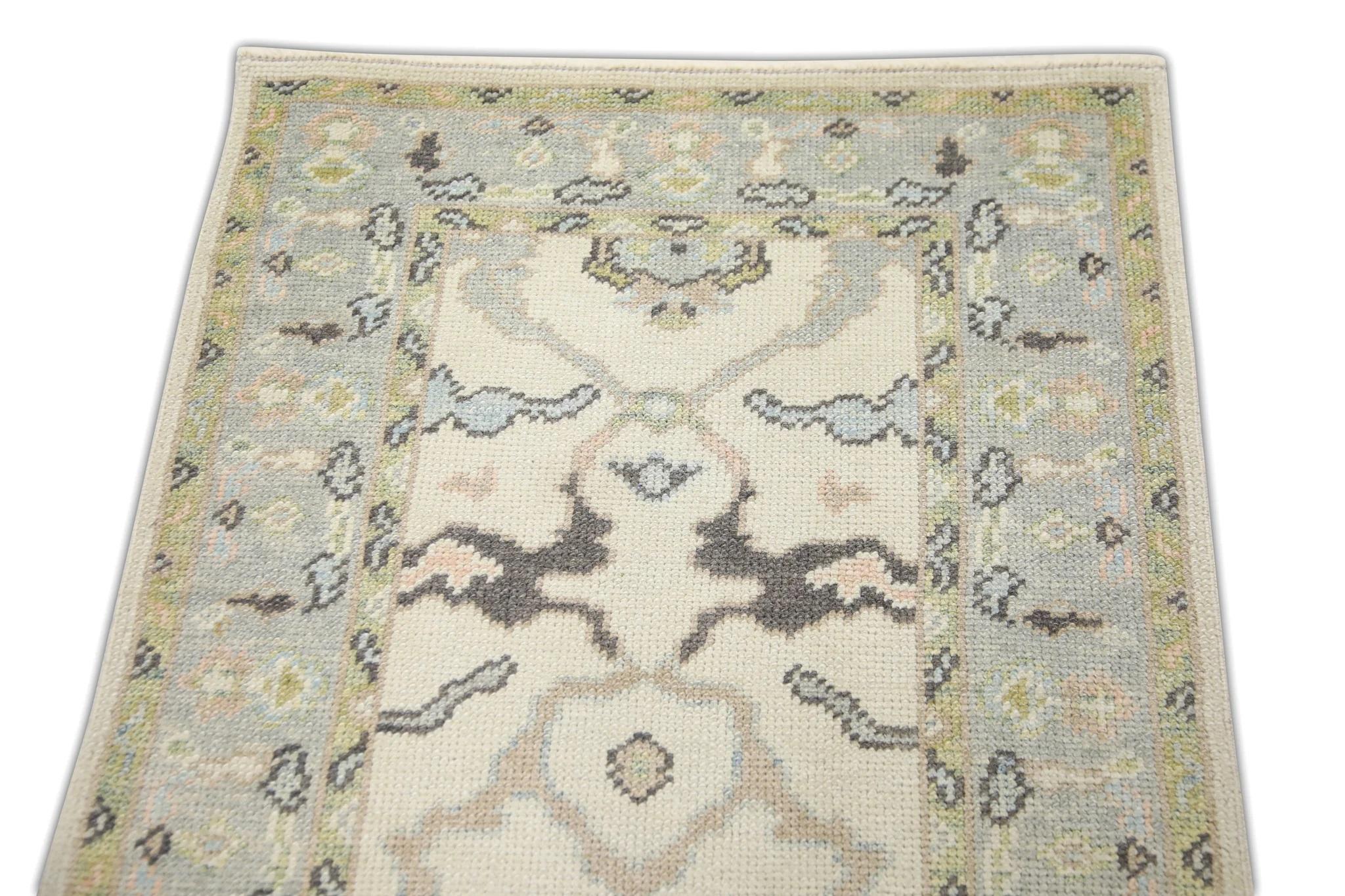 Floral Handwoven Wool Turkish Oushak Rug in Blue, Green, & Pink 2'7