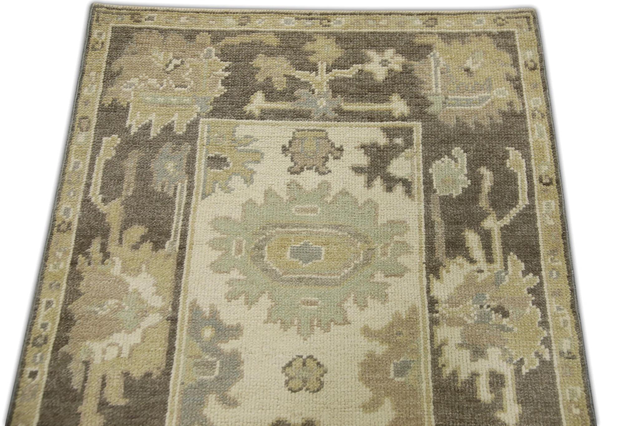 Floral Design Handwoven Wool Turkish Oushak Rug in Brown and Green 2'10