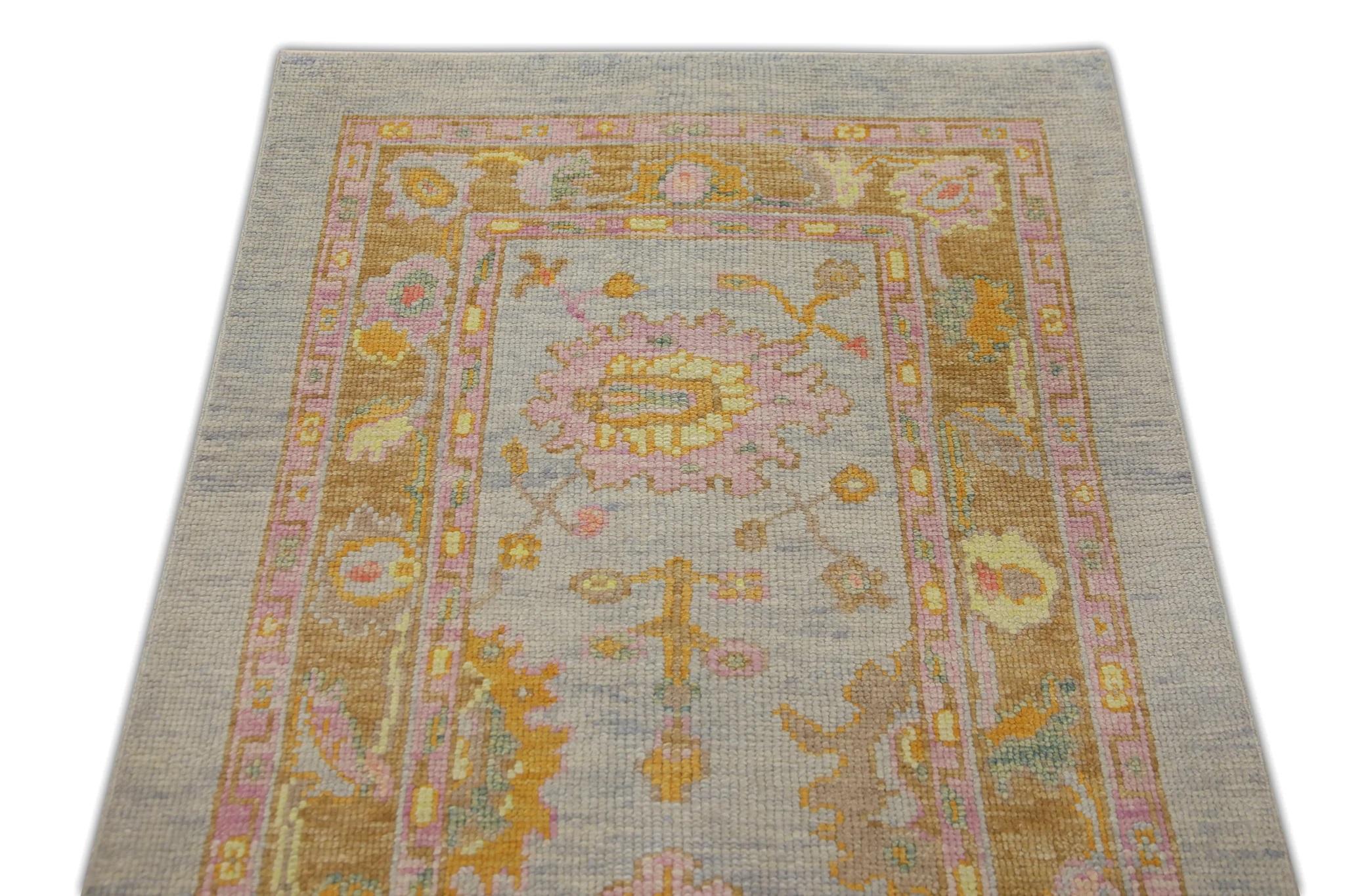 Floral Design Handwoven Wool Turkish Oushak Rug in Blue and Pink 3' x 8'4