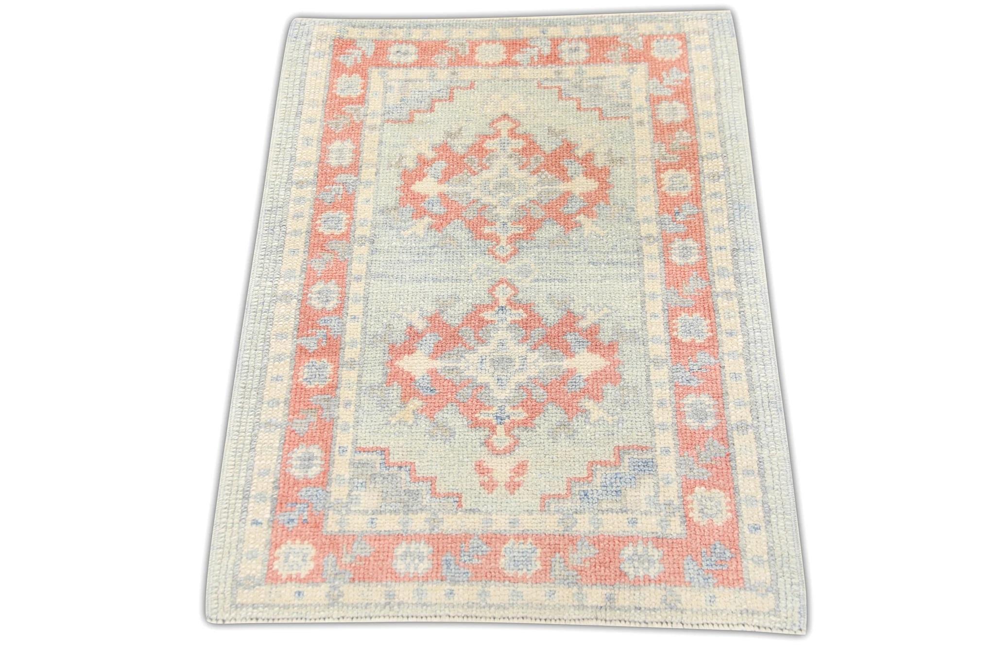 Geometric Design Handwoven Wool Turkish Oushak Rug in Blue and Pink 2'4