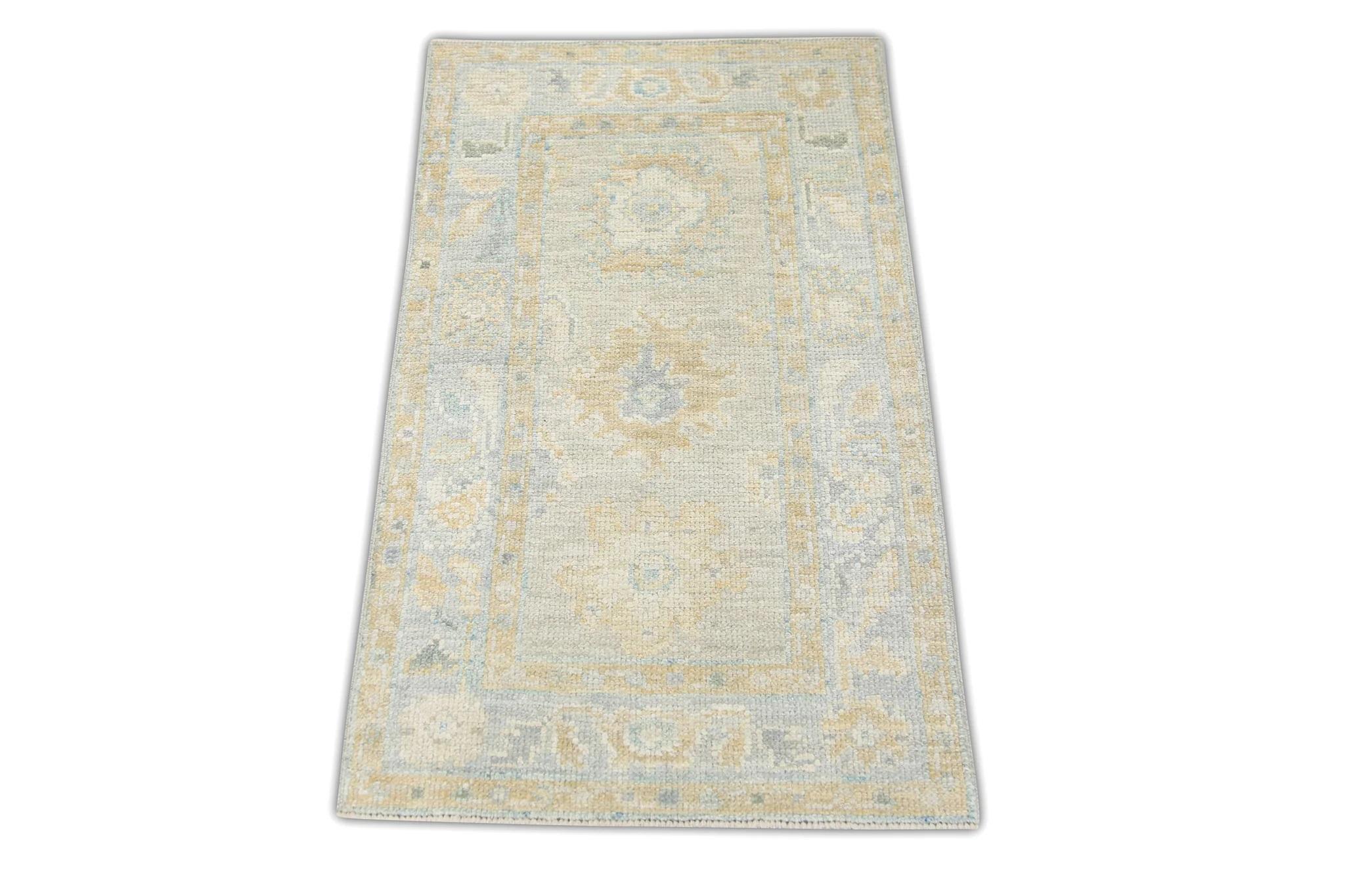Green and Blue Floral Design Handwoven Wool Turkish Oushak Rug 1'11