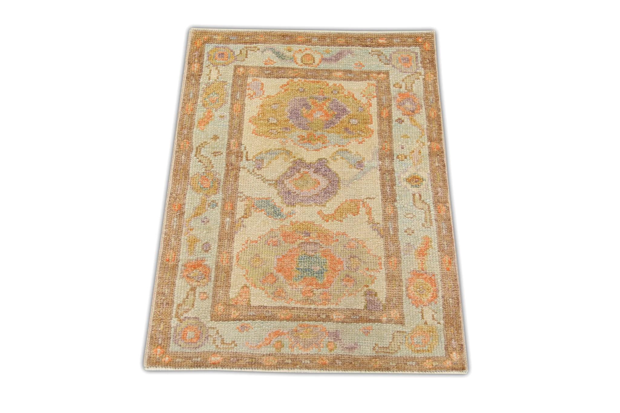 Orange Multicolor Floral Design Handwoven Wool Turkish Oushak Rug 2' x 2'9