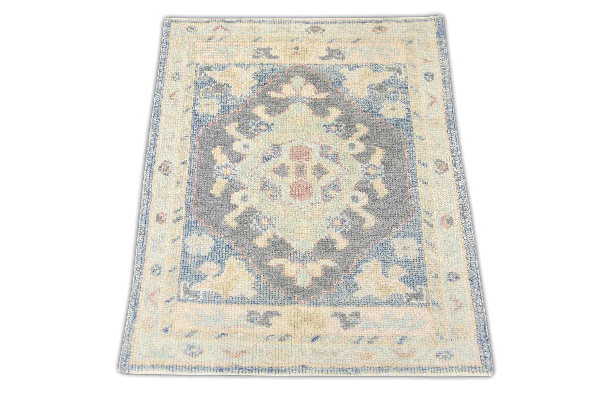 Green and Blue Floral Handwoven Wool Turkish Oushak Rug 2'4
