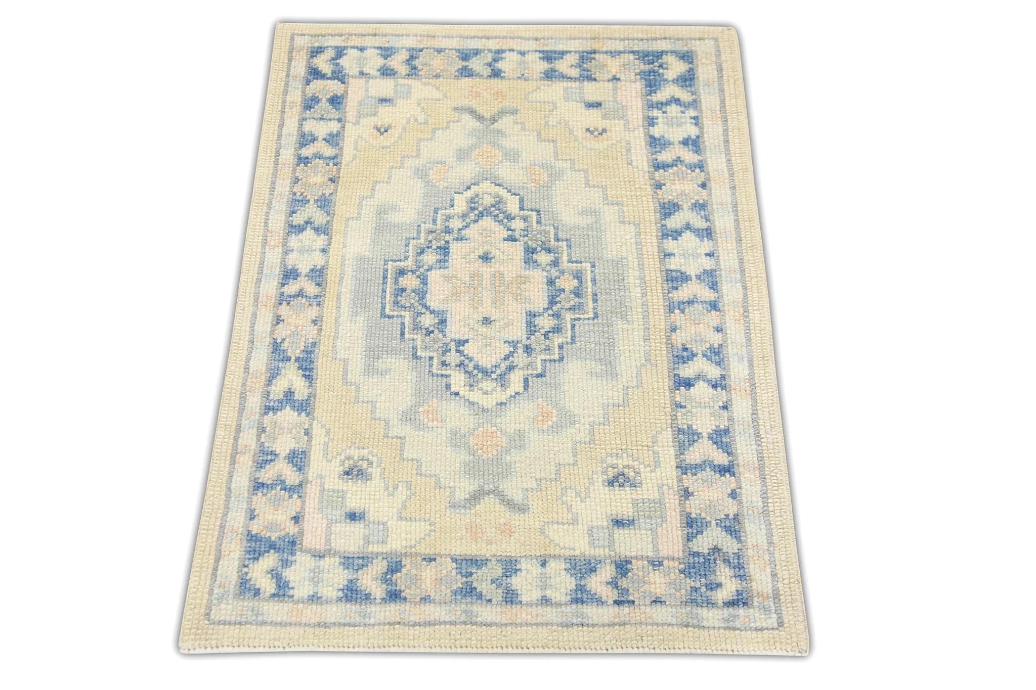 Blue and Yellow Geometric Handwoven Wool Turkish Oushak Rug 2'4