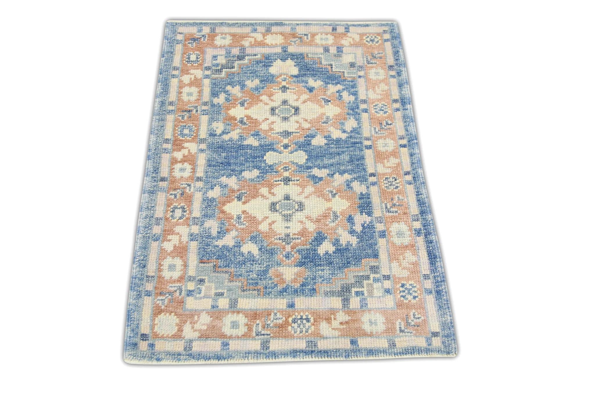 Blue and Salmon Floral Design Handwoven Wool Turkish Oushak Rug 2'4
