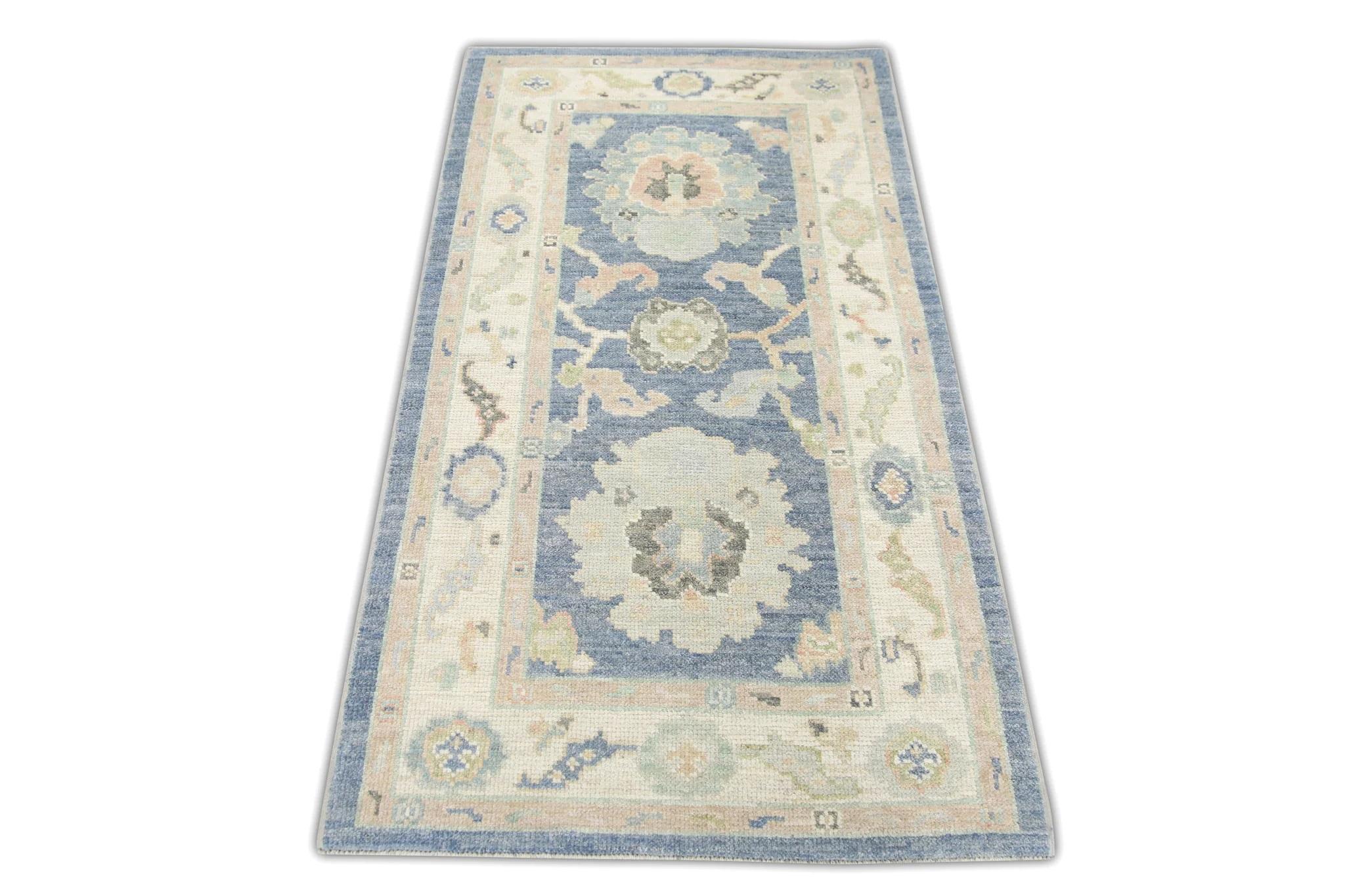 Blue and Pink Floral Handwoven Wool Turkish Oushak Rug 2'10