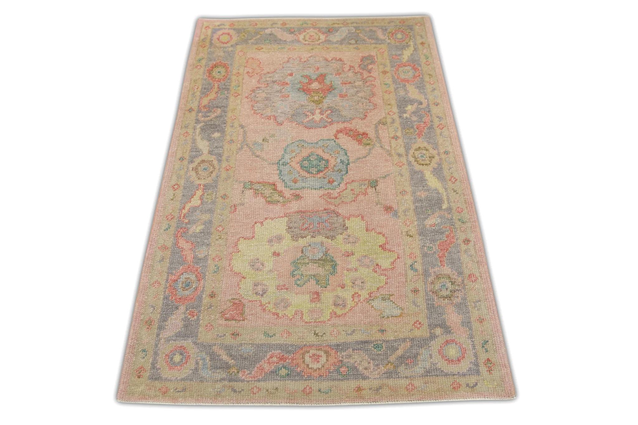 Pink and Purple Floral Handwoven Wool Turkish Oushak Rug 3'1