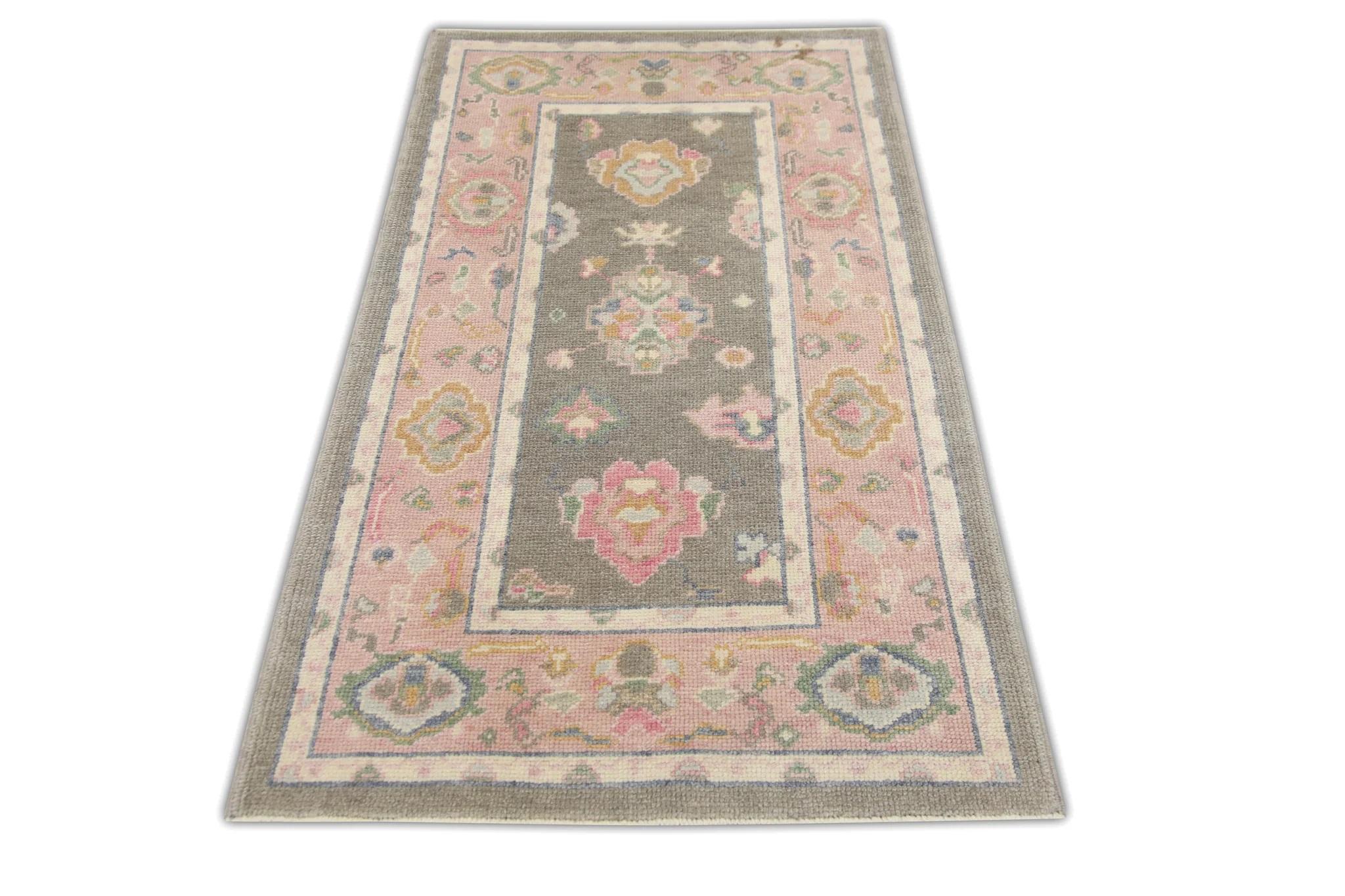 Gray and Pink Handwoven Wool Turkish Oushak Rug in Floral Pattern 3'1