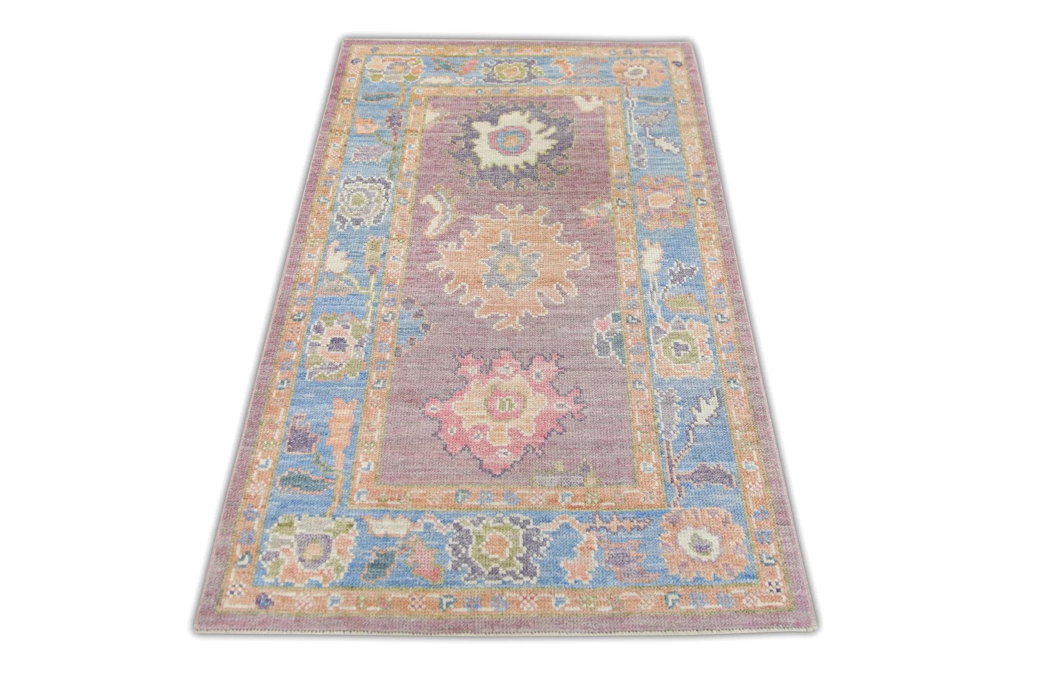 Colorful Purple Handwoven Wool Turkish Oushak Rug in Floral Design 3' x 5' In New Condition For Sale In Houston, TX