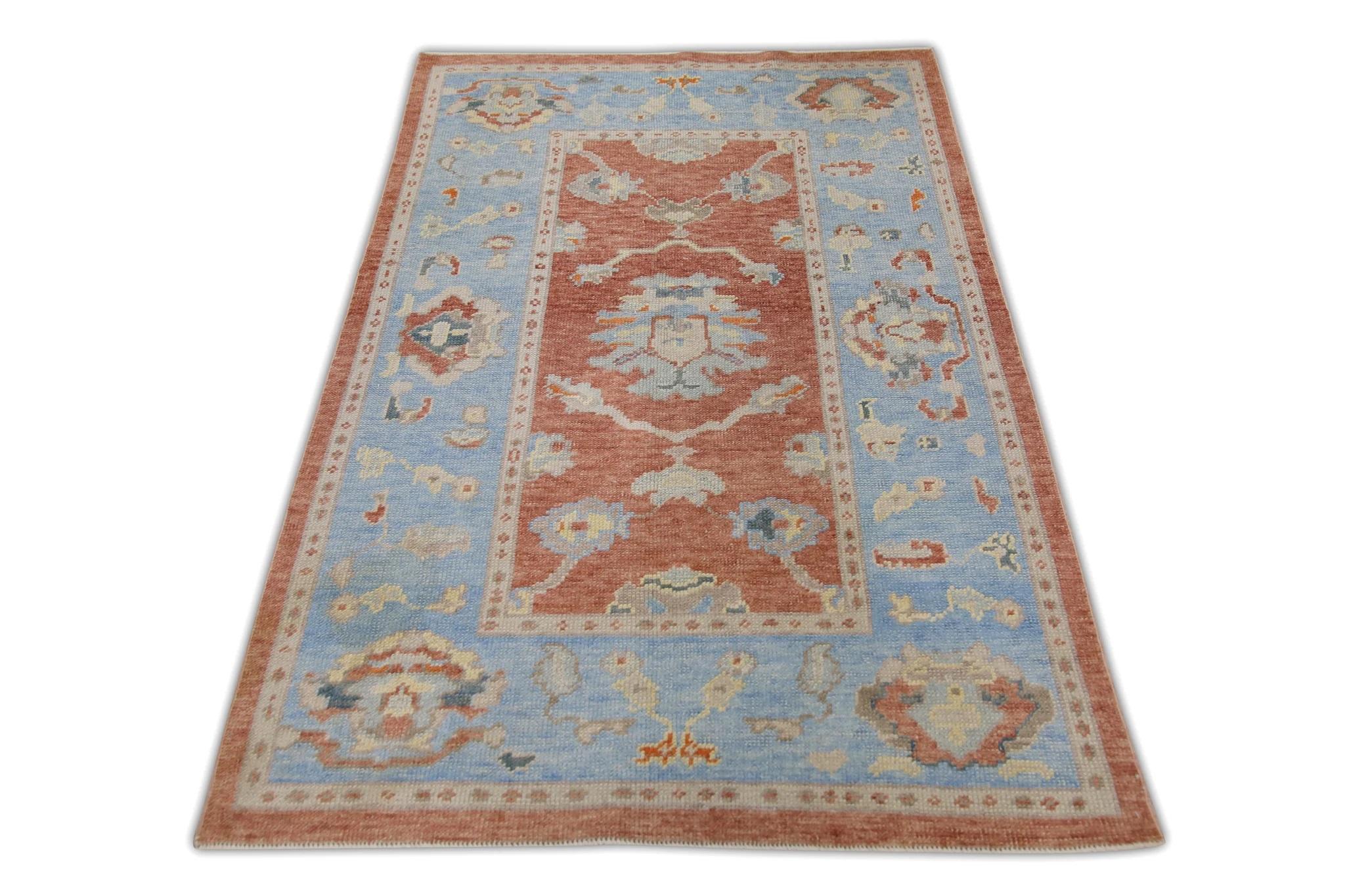 Red and Baby Blue Floral Handwoven Wool Turkish Oushak Rug 4' x 6'2