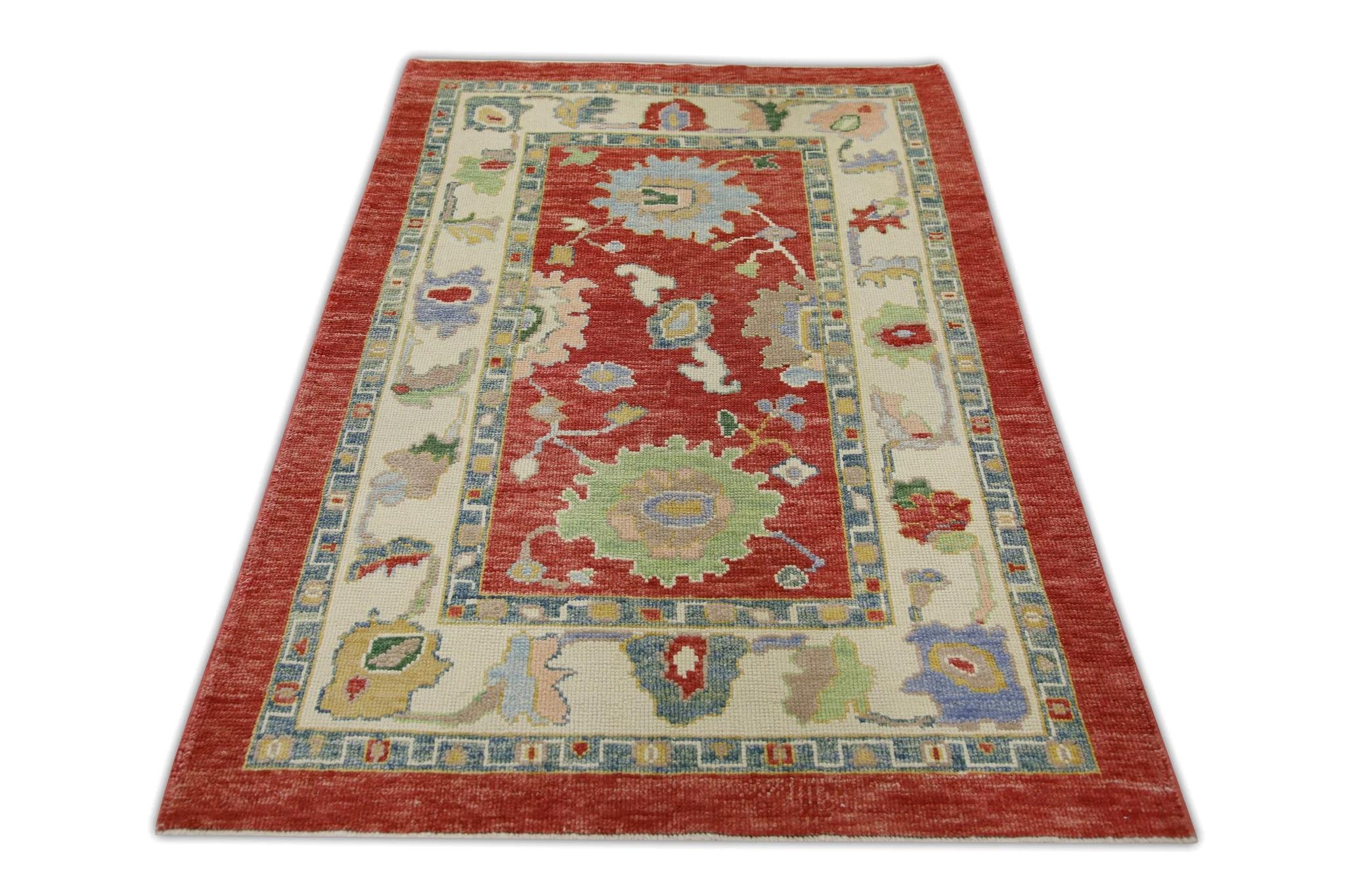 Red Handwoven Wool Turkish Oushak Rug in Blue & Green Floral Design 4'3