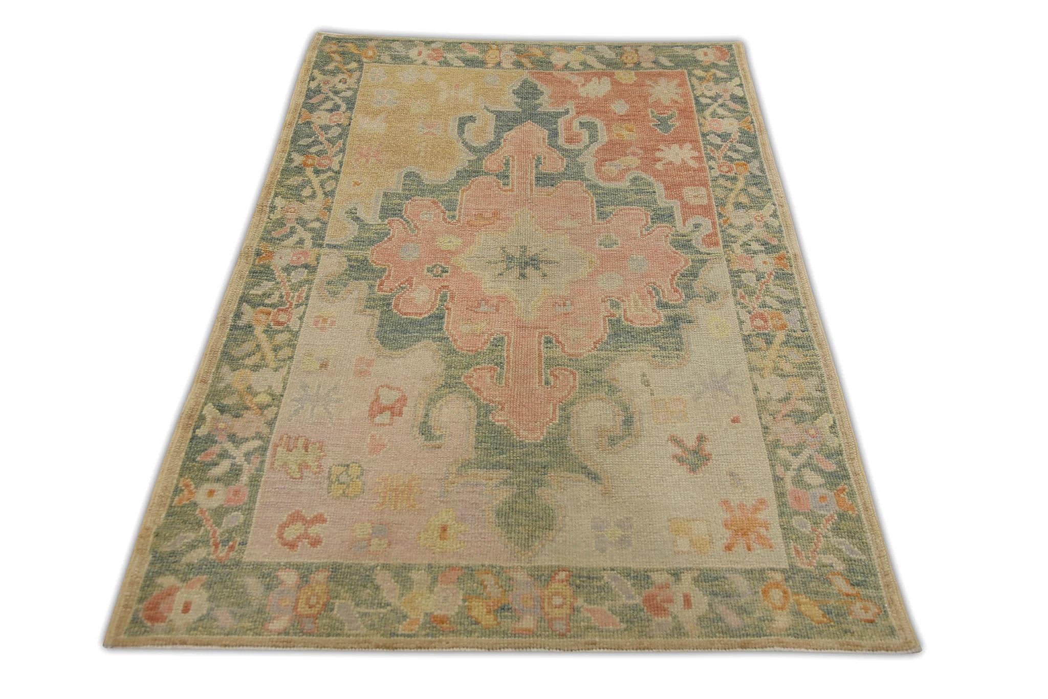 Green and Pink Floral Handwoven Wool Turkish Oushak Rug 4'1