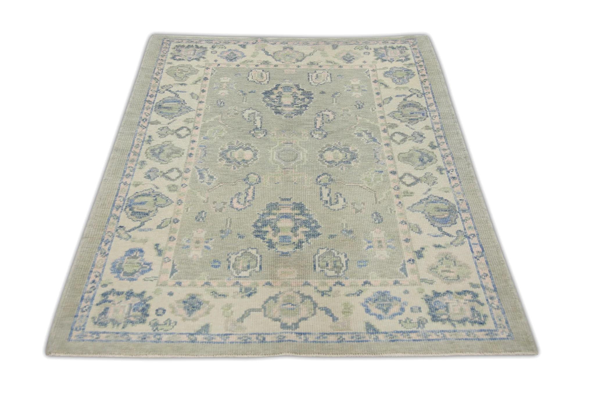 Green and Blue Handwoven Wool Turkish Oushak Rug in Floral Pattern 4' x 5'5