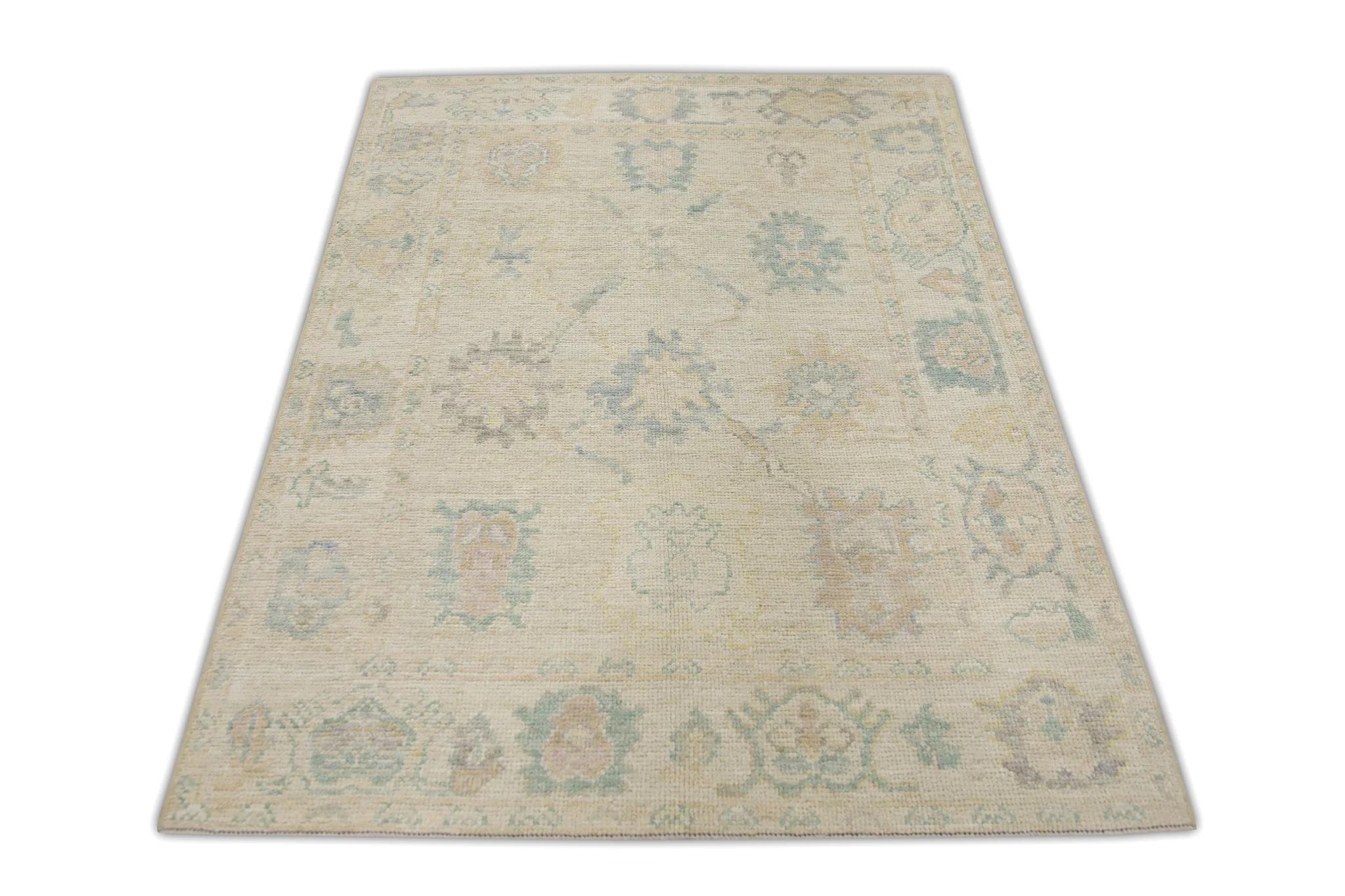 Multicolor Handwoven Wool Turkish Oushak Rug in Floral Design 4' x 5'9