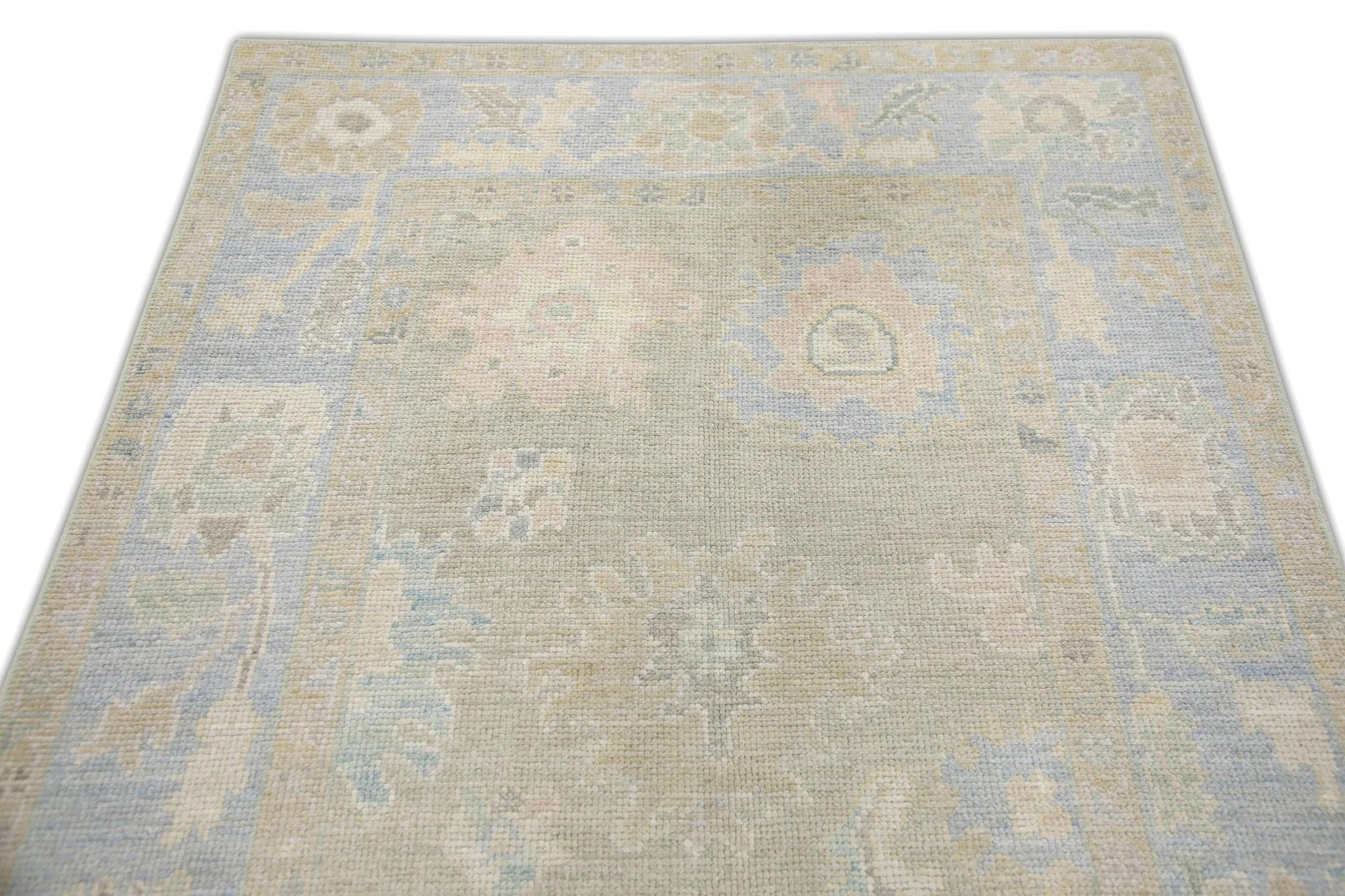 Brown and Blue Floral Handwoven Wool Turkish Oushak Rug 4'2