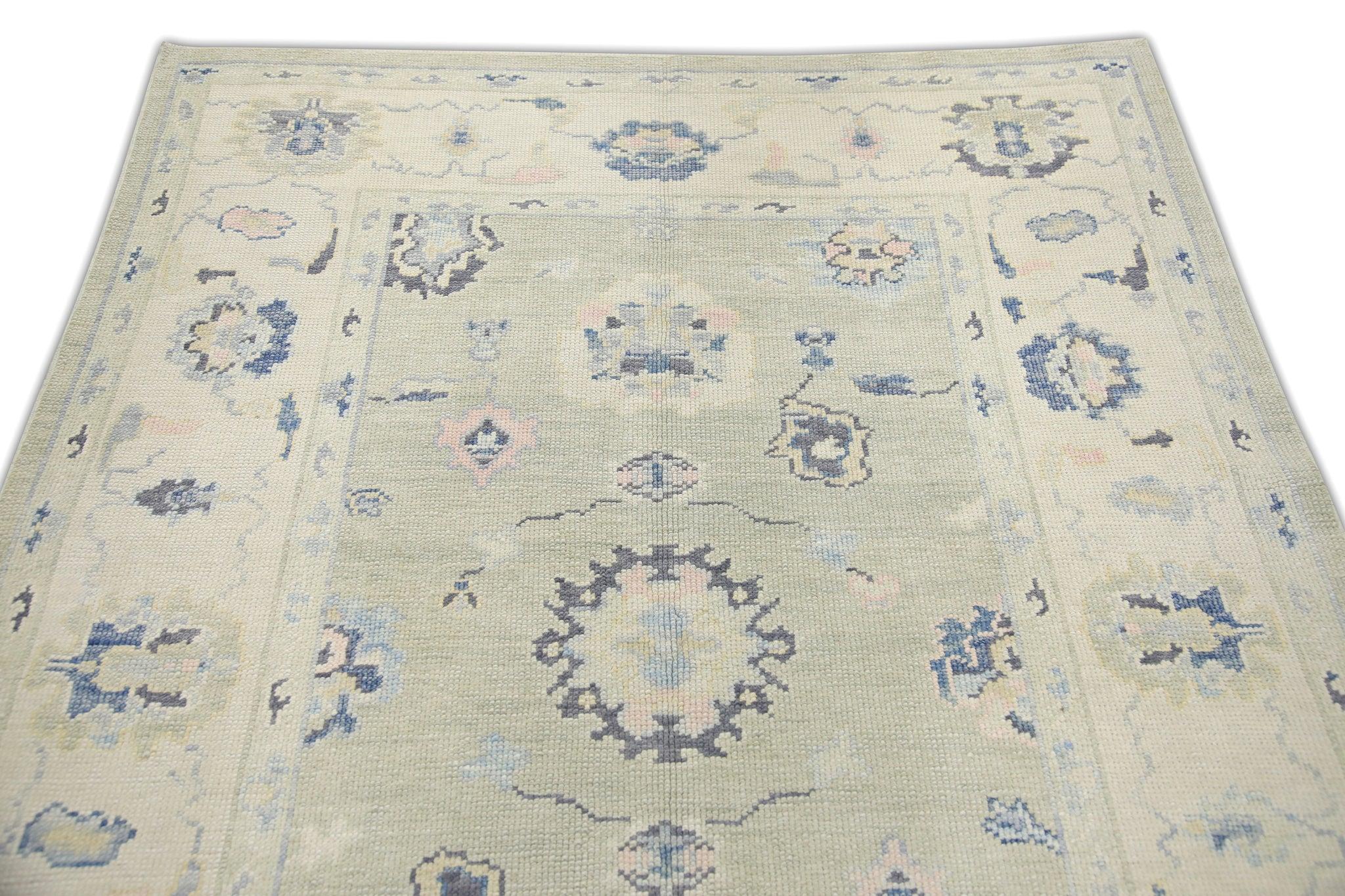 Soft Green Multicolor Floral Handwoven Wool Turkish Oushak Rug 4'9