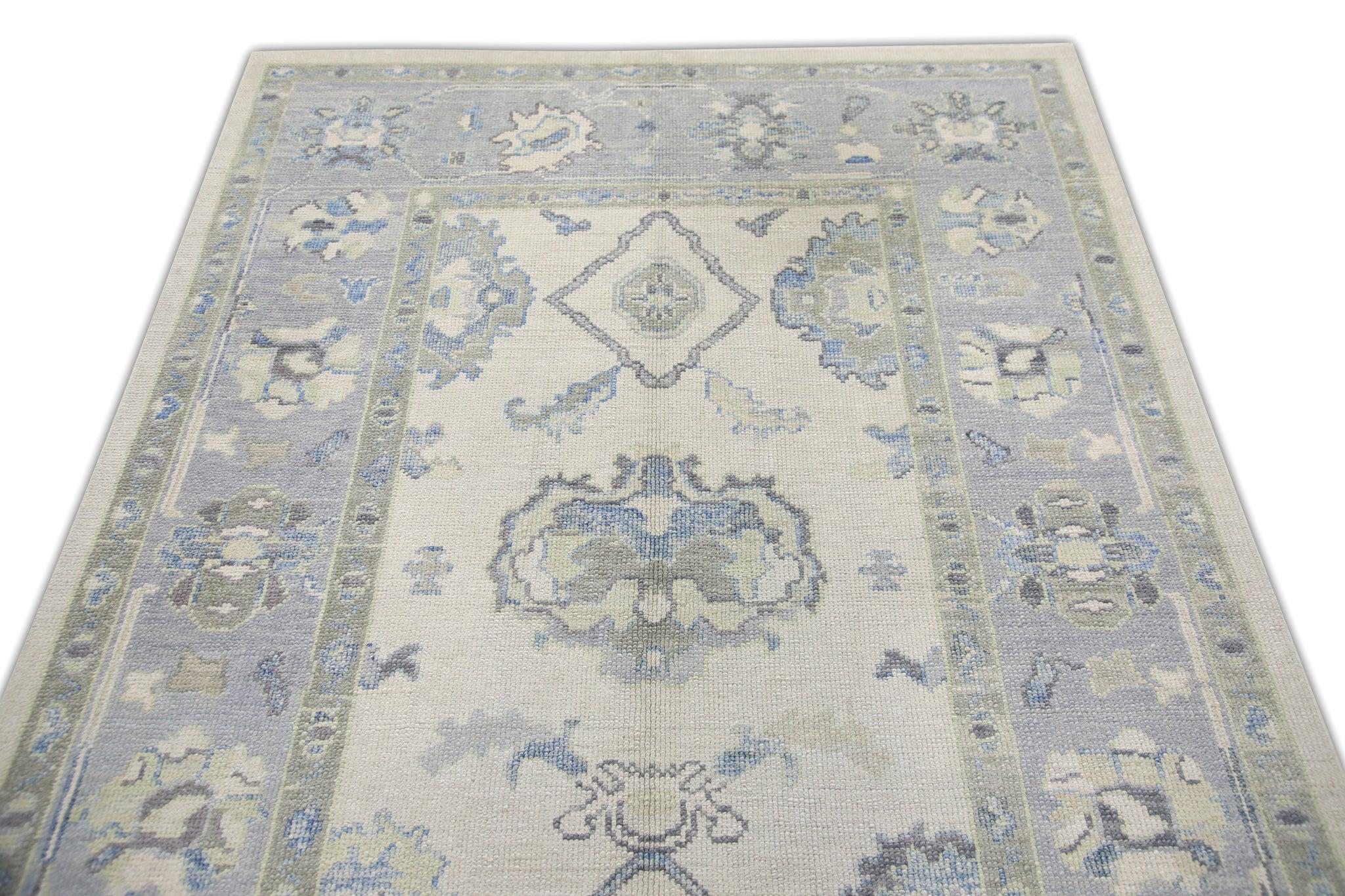 Blue and Green Floral Handwoven Wool Turkish Oushak Rug 4'10