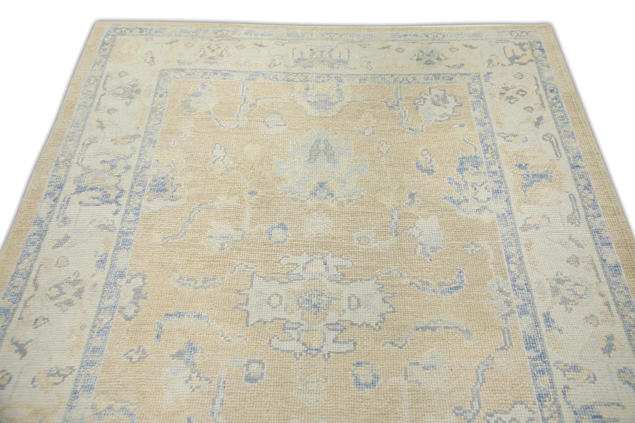Yellow Handwoven Wool Turkish Oushak Rug with Blue Floral Pattern 5' x 7' In New Condition For Sale In Houston, TX
