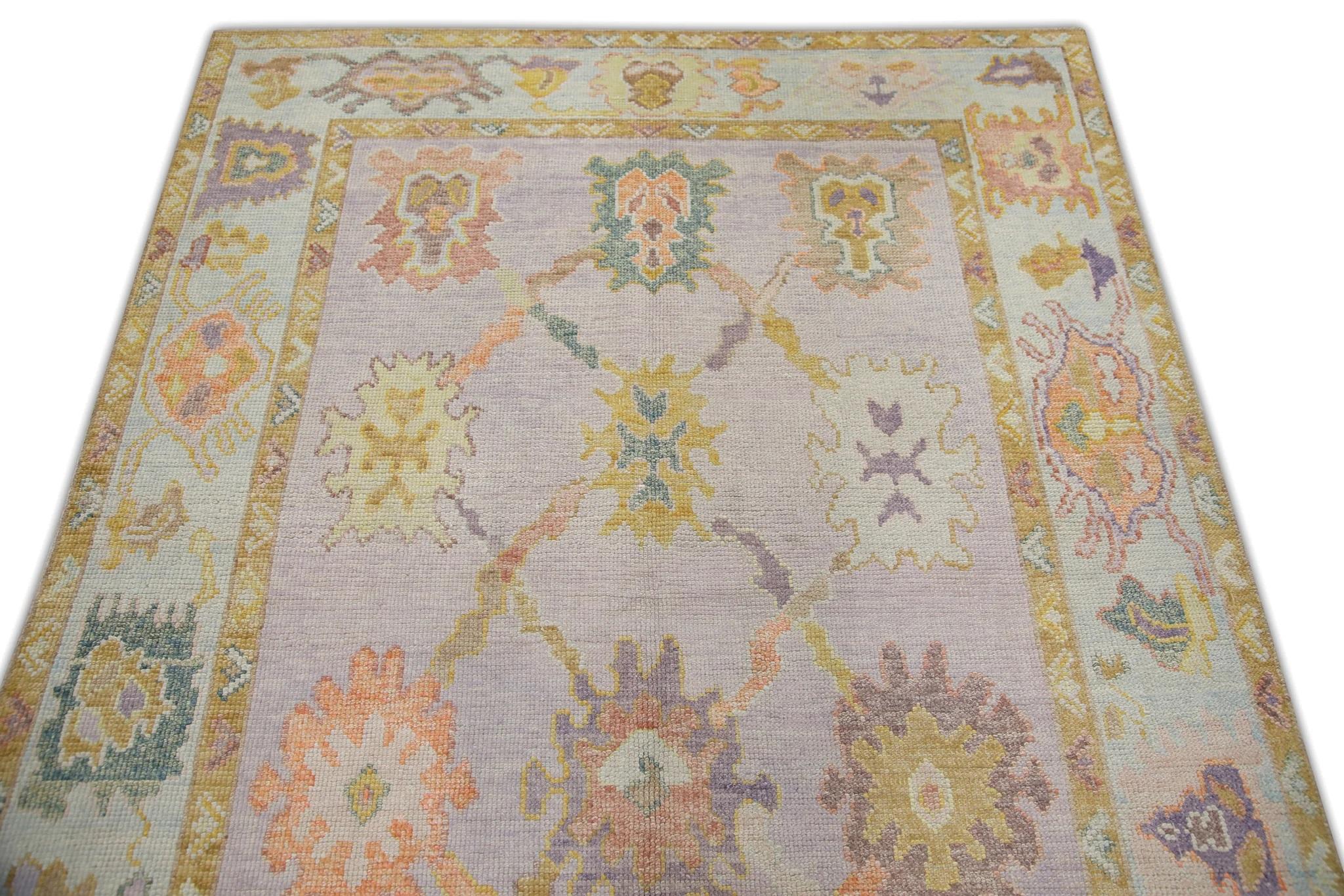 Purple Colorful Floral Handwoven Wool Turkish Oushak Rug 4'10