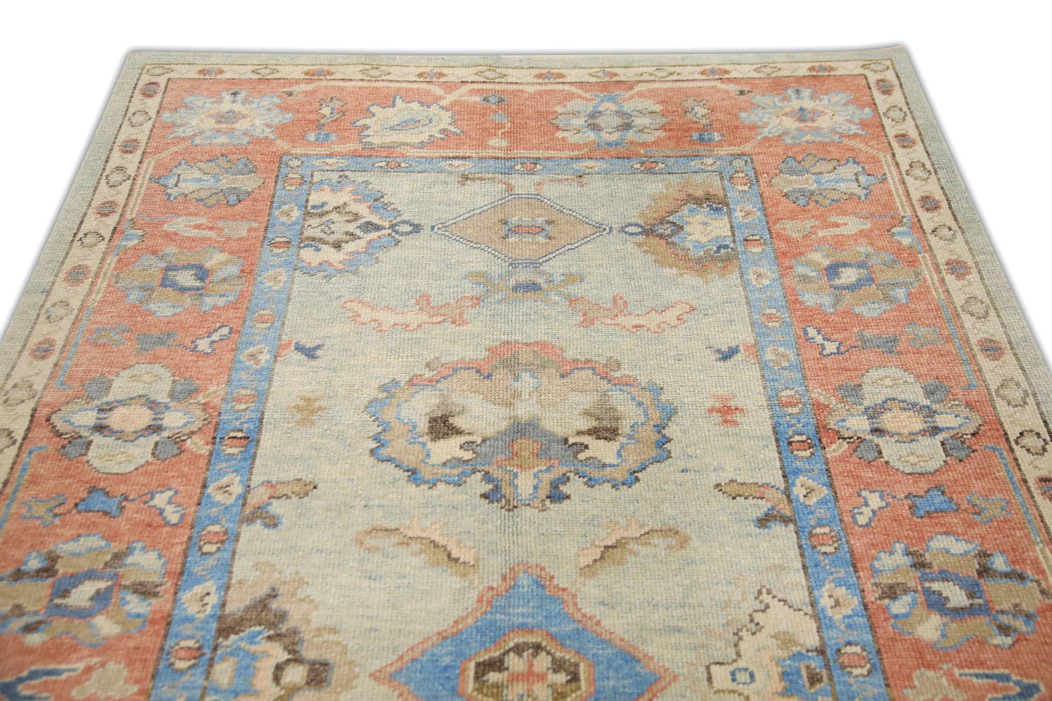 Contemporary Red and Blue Floral Handwoven Wool Turkish Oushak Rug 5'3