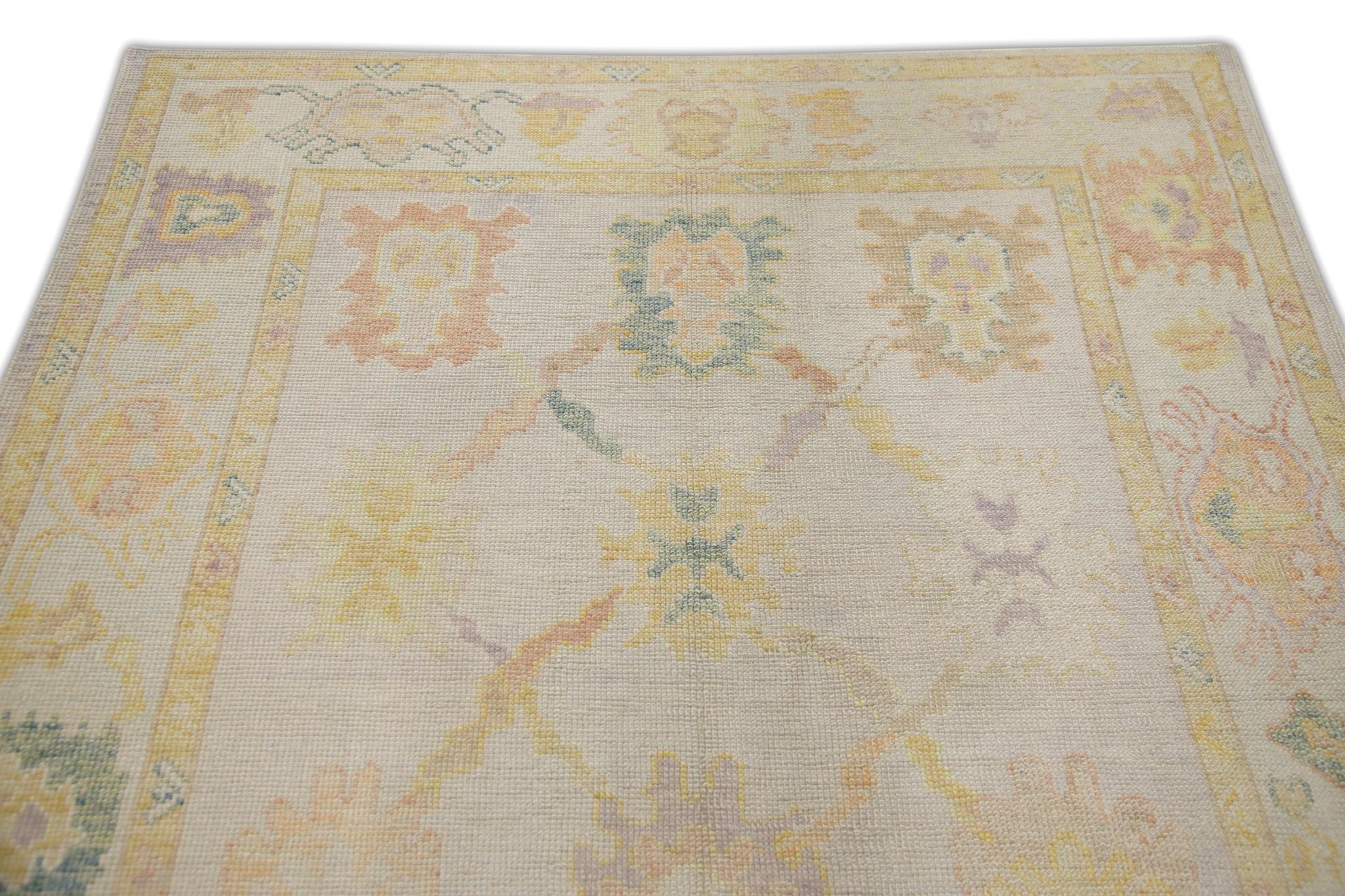 Contemporary Colorful Pink Floral Handwoven Wool Turkish Oushak Rug 5'1