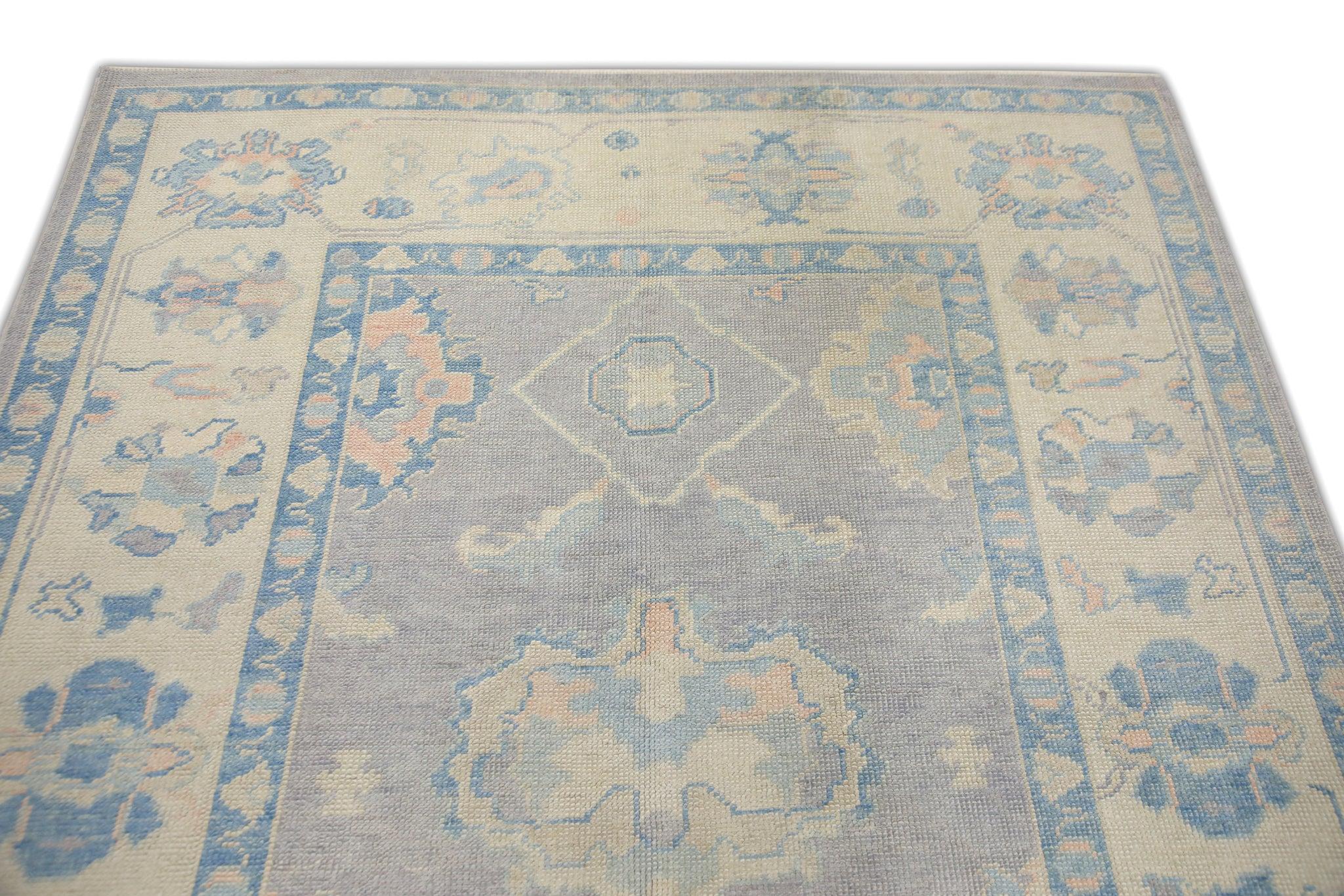 Contemporary Purple and Blue Floral Handwoven Wool Turkish Oushak Rug 5'3