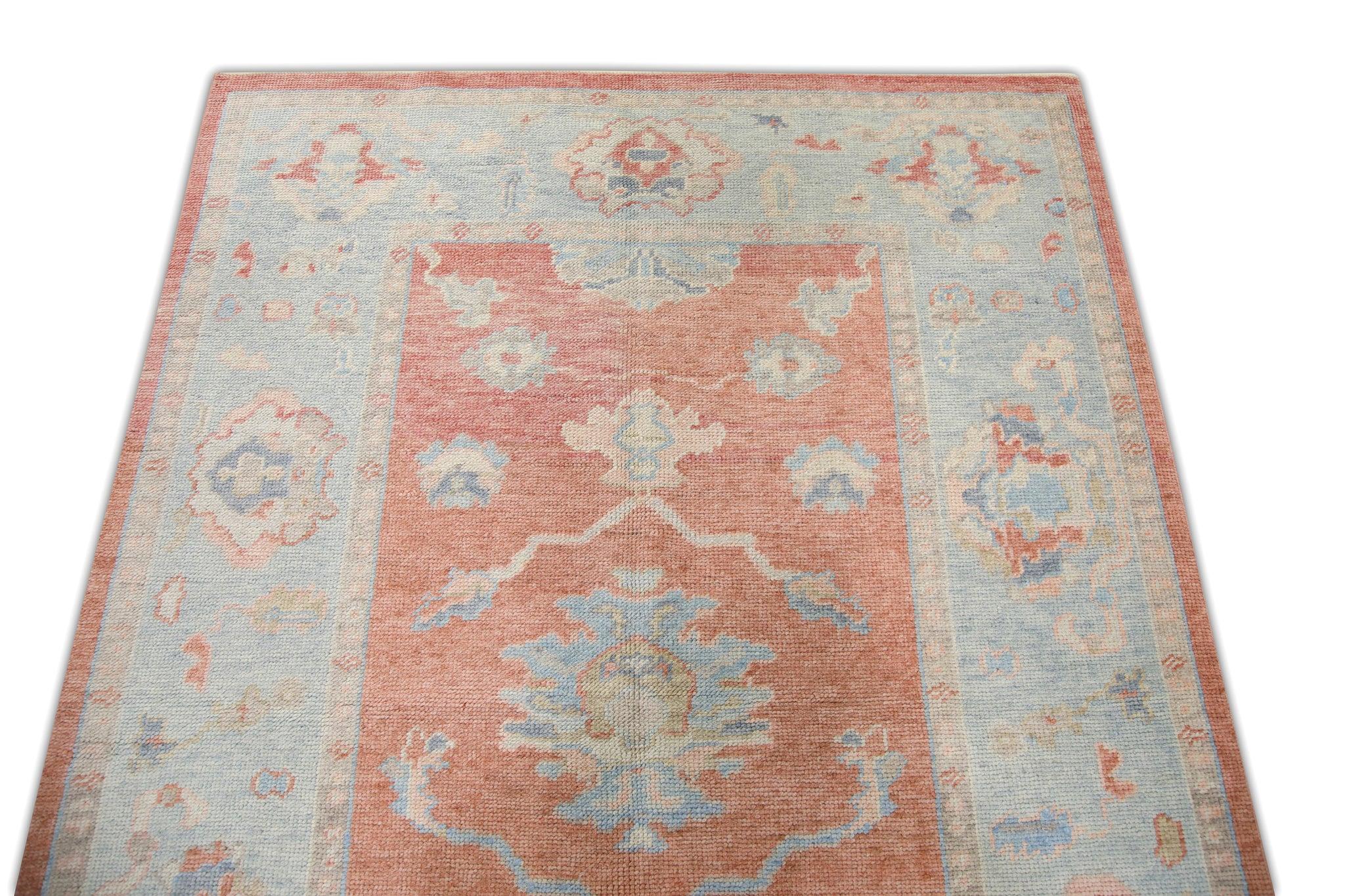 Contemporary Red Handwoven Wool Turkish Oushak Rug in Blue Floral Pattern 4'9