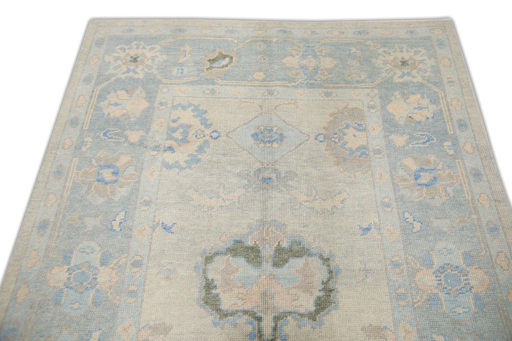 Contemporary Blue and Pink Floral Handwoven Wool Turkish Oushak Rug 5'1