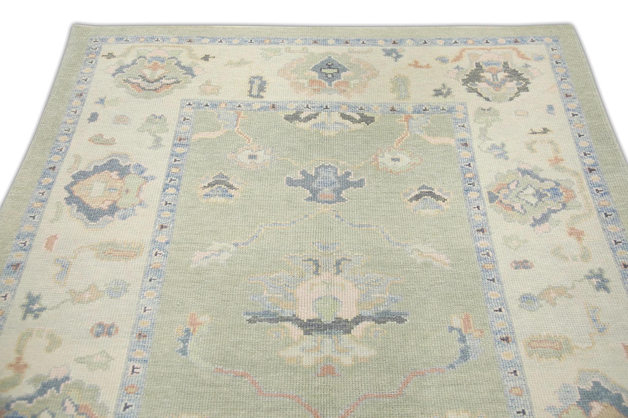 Contemporary Celadon Green Handwoven Wool Turkish Oushak Rug in Floral Design 5'1