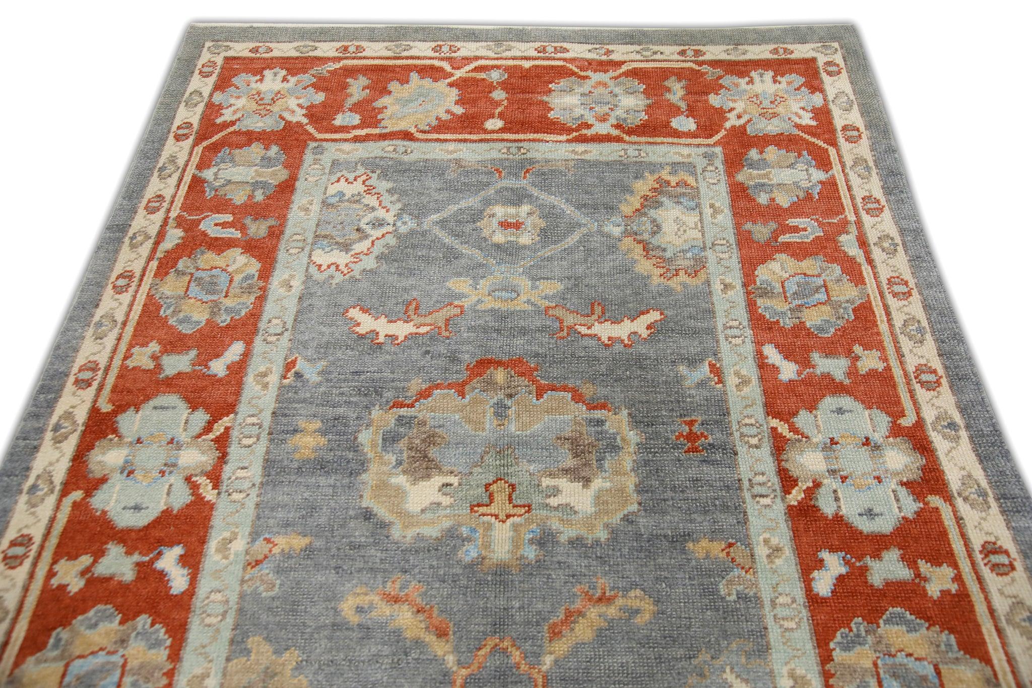 Contemporary Red and Blue Floral Handwoven Wool Turkish Oushak Rug 4'10