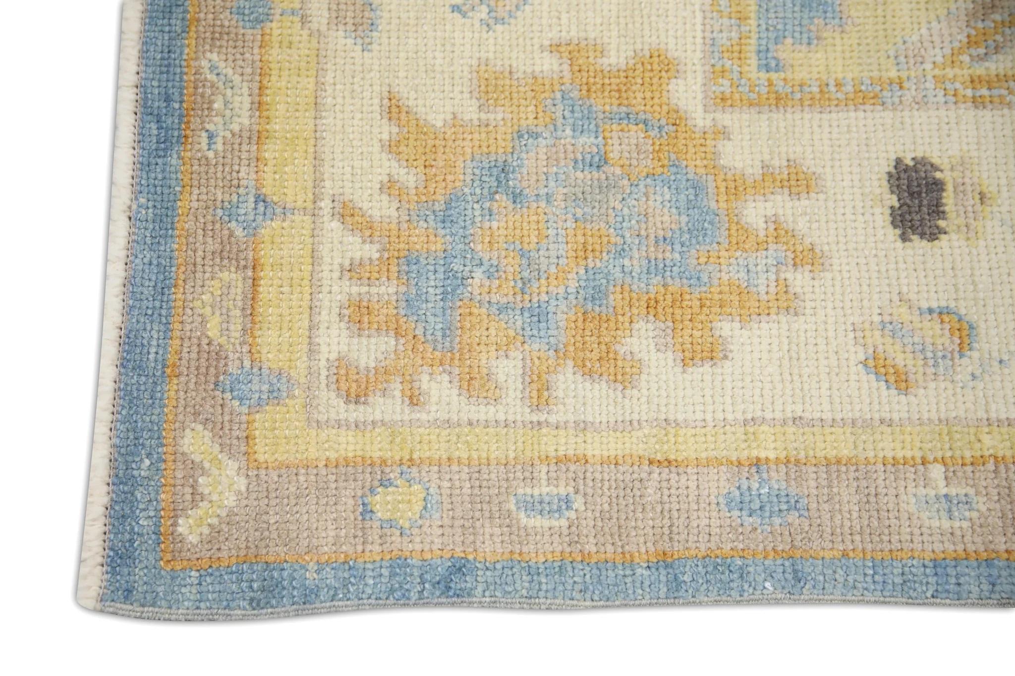 Contemporary Blue and Orange Handwoven Wool Floral Turkish Oushak Rug 4'8