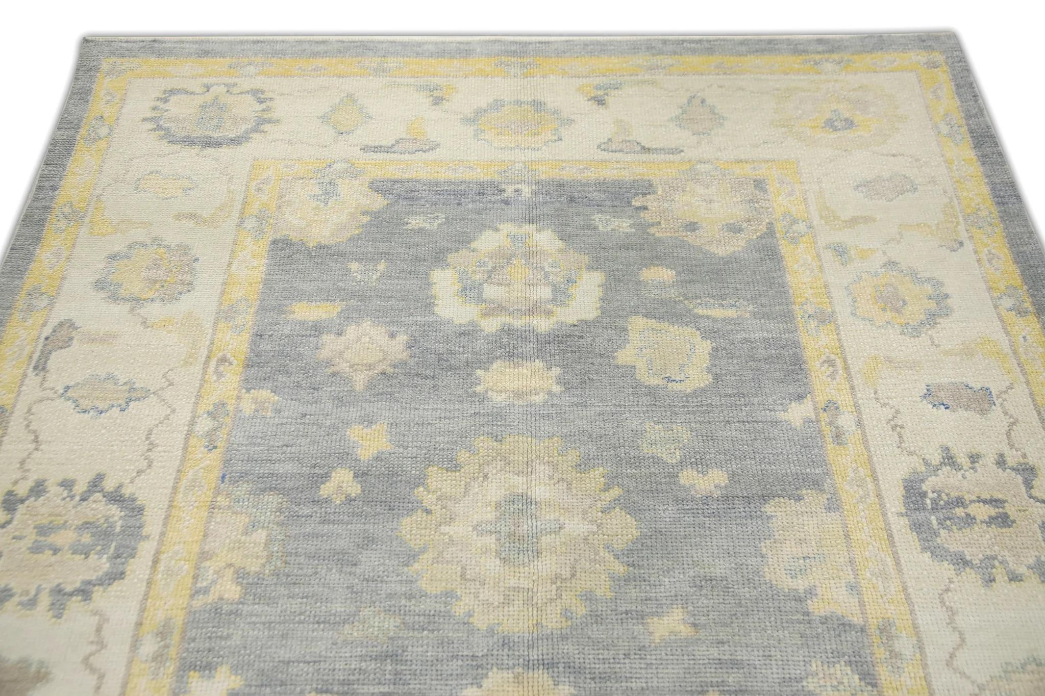 Contemporary Gray and Yellow Floral Handwoven Wool Turkish Oushak Rug 5'2
