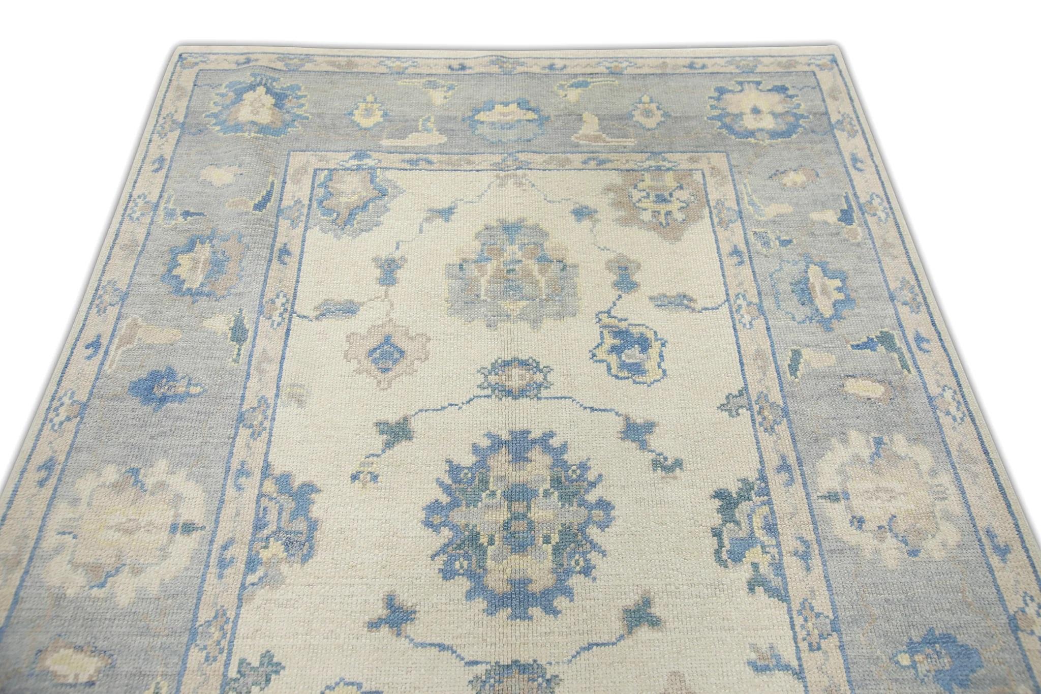 Contemporary Blue Floral Handwoven Wool Turkish Oushak Rug 4'10