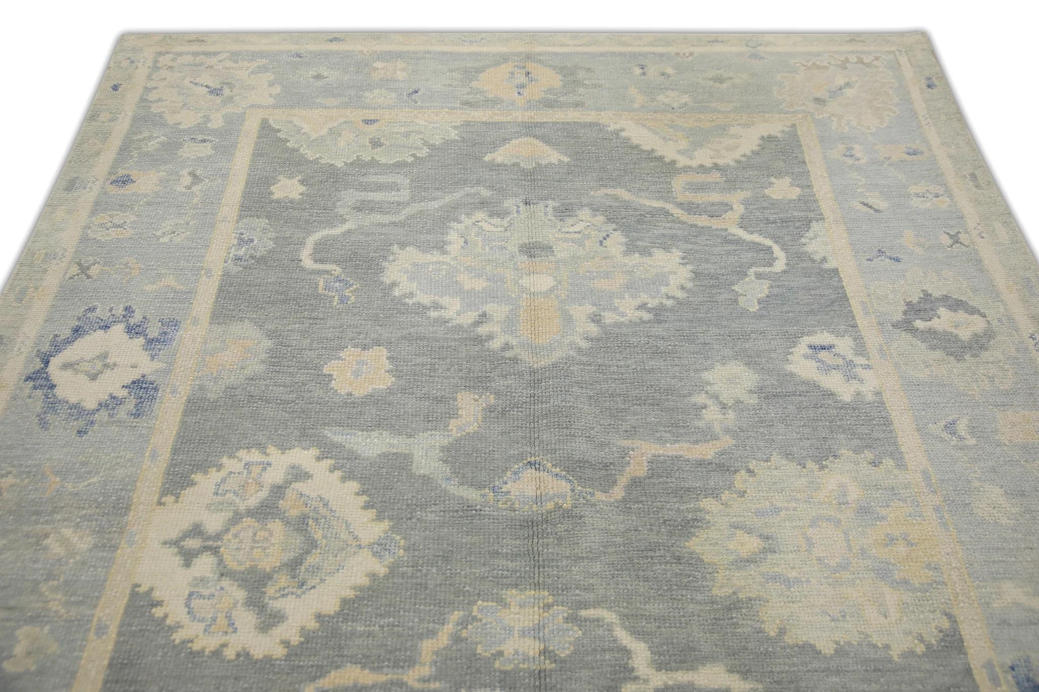 Contemporary Blue Handwoven Wool Turkish Oushak Rug in Floral Design 5'10