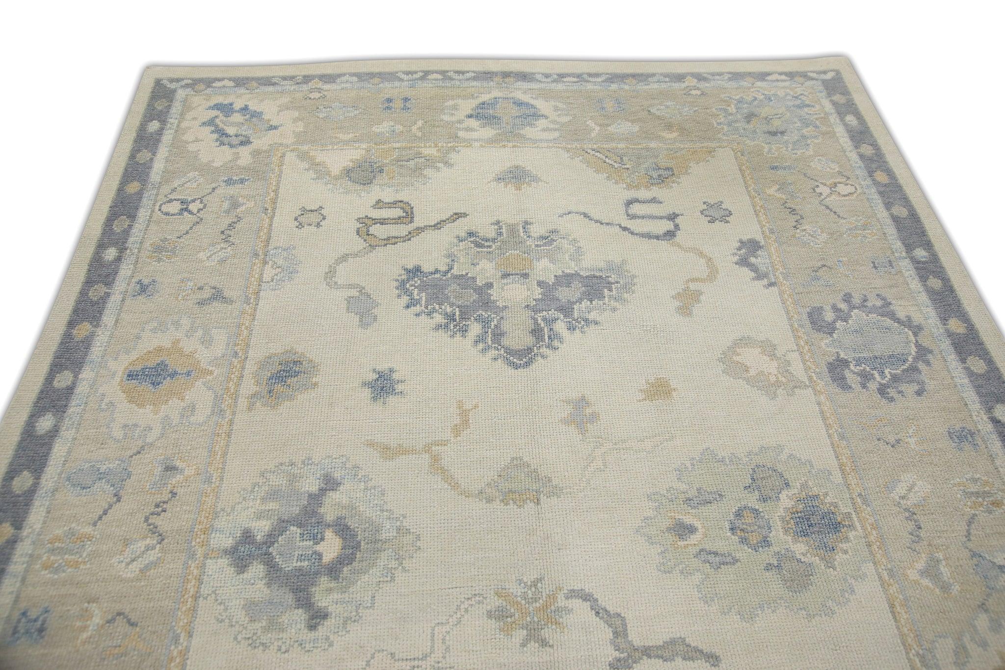 Contemporary Taupe and Blue Floral Handwoven Wool Turkish Oushak Rug 6' x 8'9