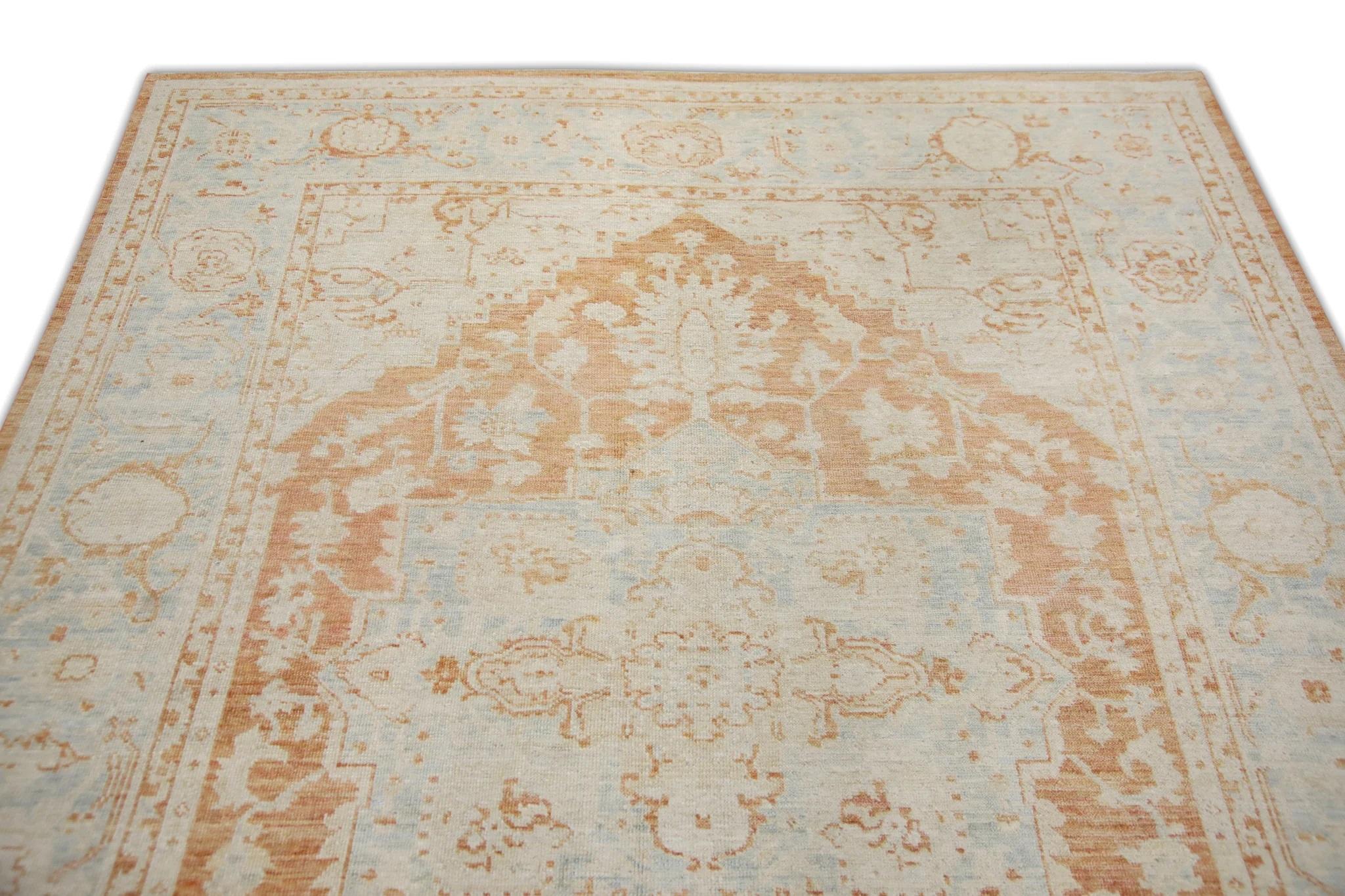 Contemporary Floral Handwoven Wool Turkish Oushak Rug in Blue and Rust 5'11