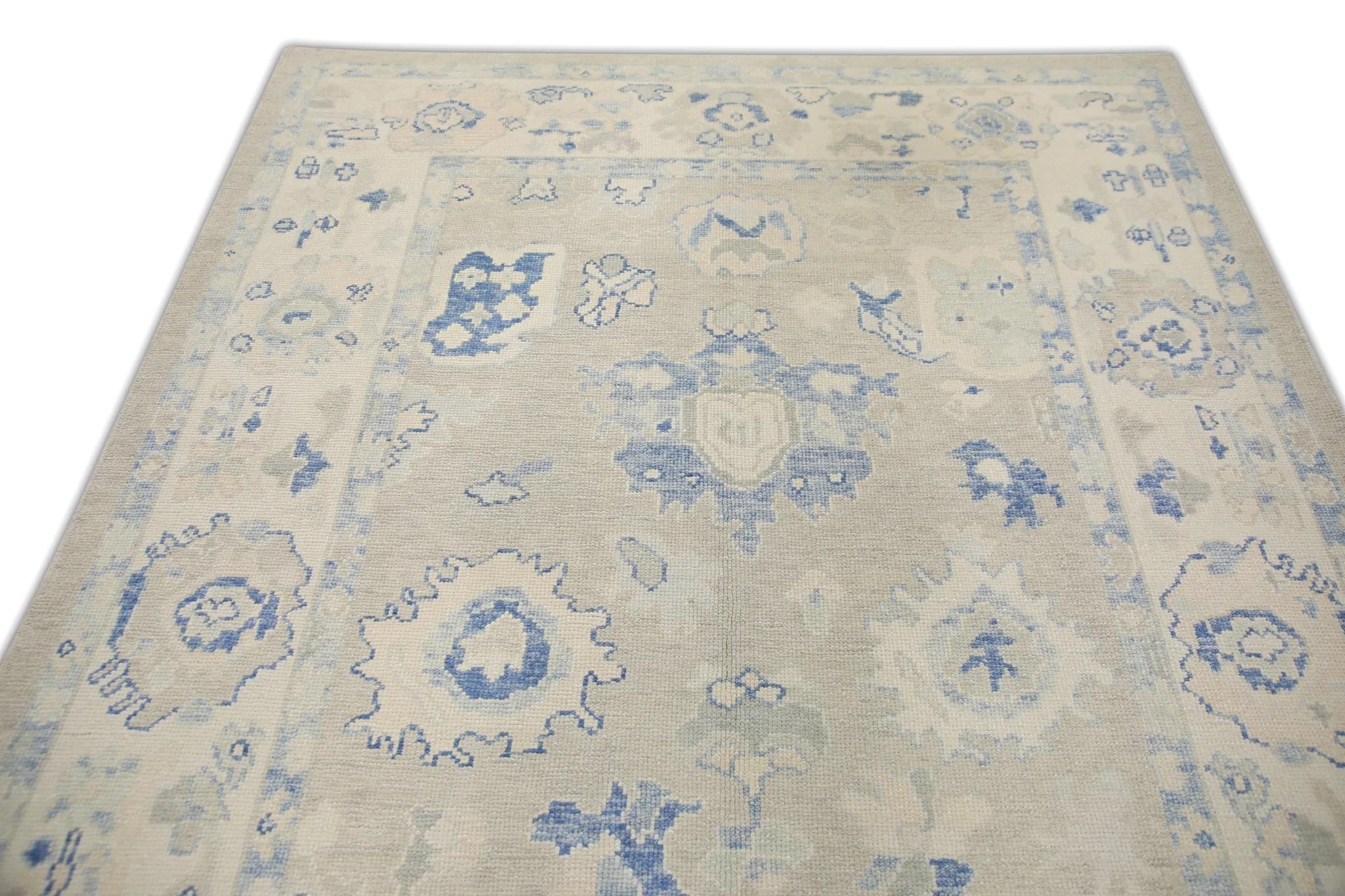 Contemporary Blue Floral Handwoven Wool Turkish Oushak Rug 6'1