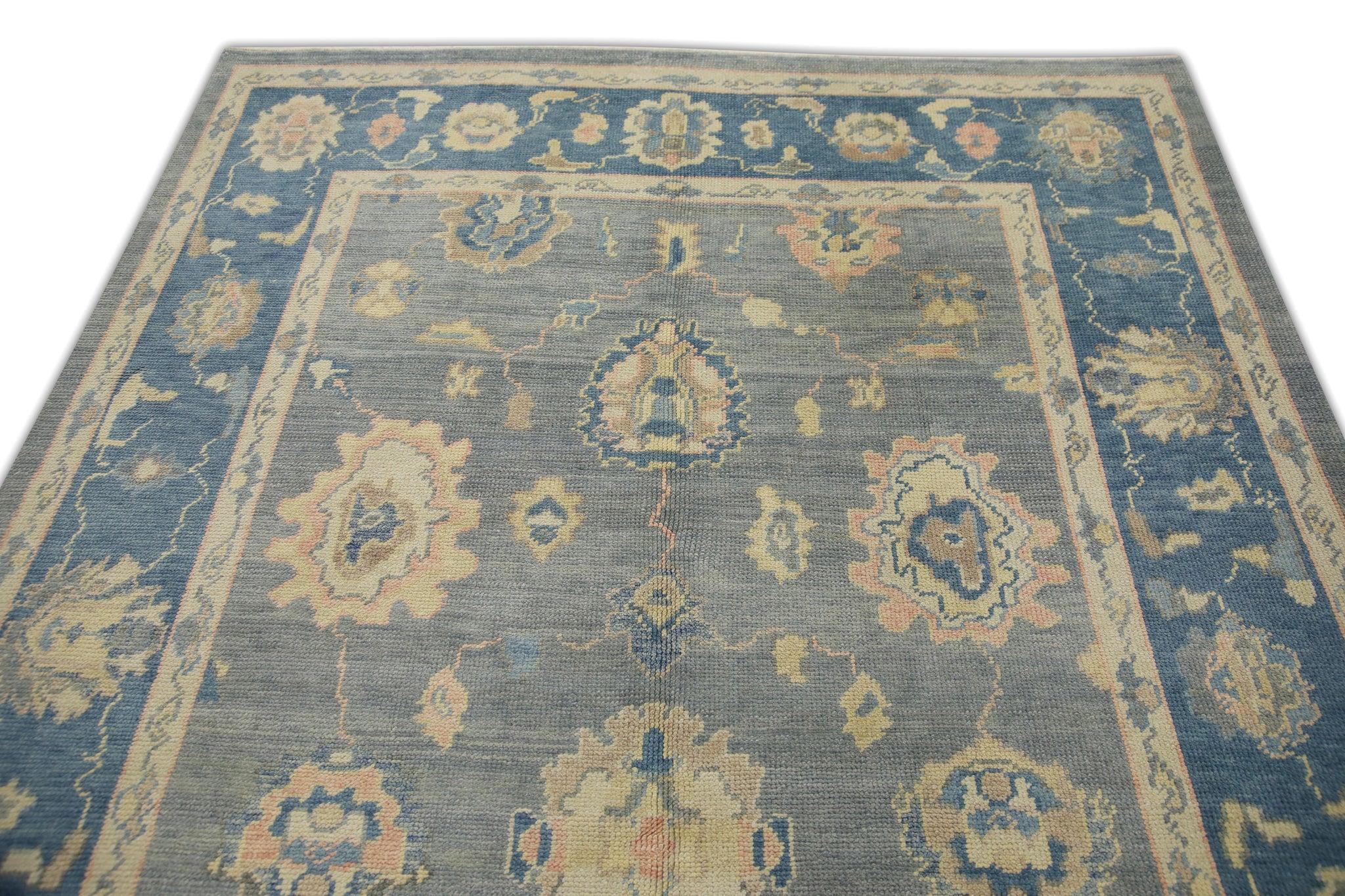 Contemporary Blue and Pink Floral Handwoven Wool Turkish Oushak Rug 6'2