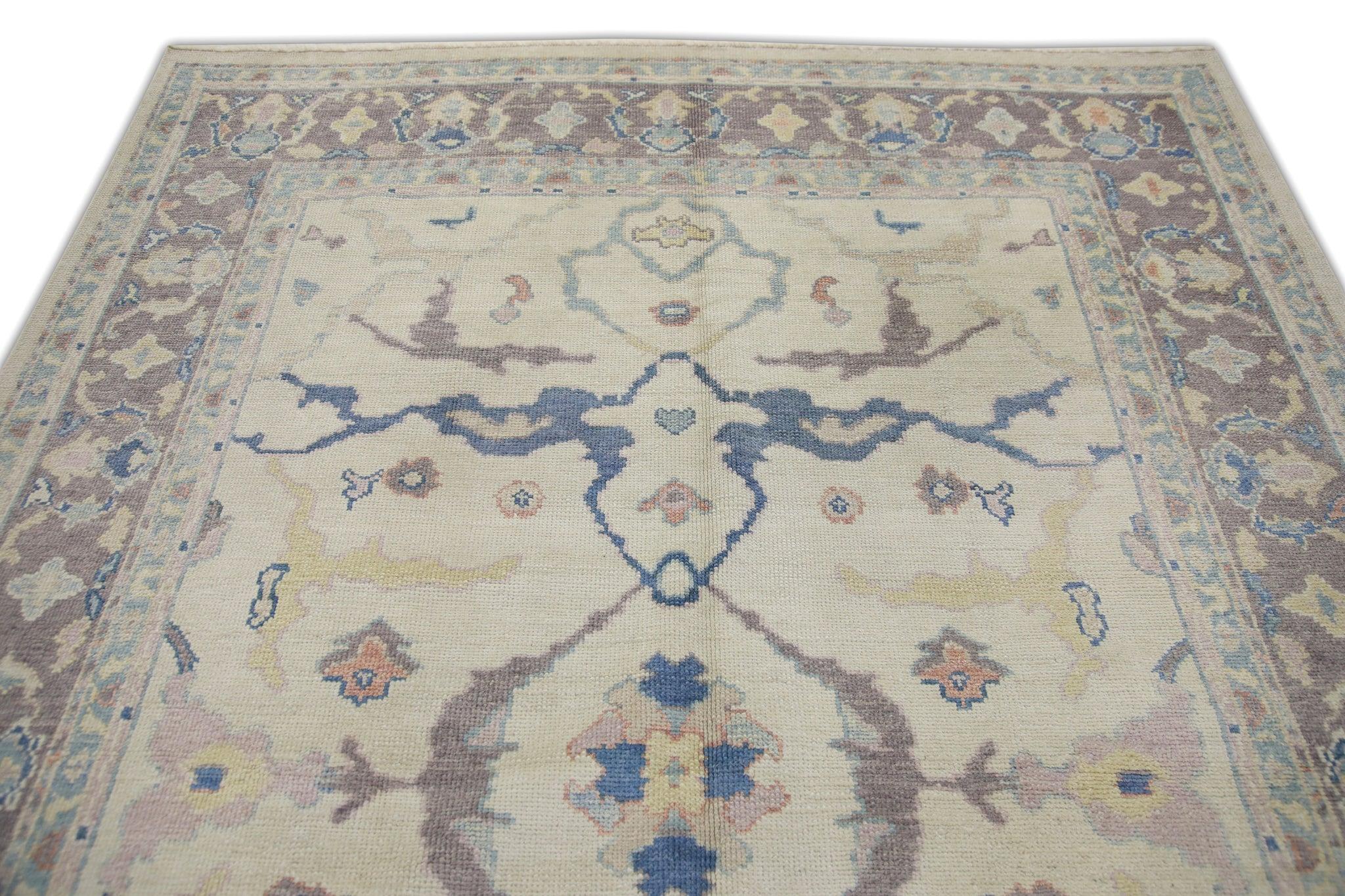 Contemporary Mauve and Blue Floral Handwoven Wool Turkish Oushak Rug 6'11