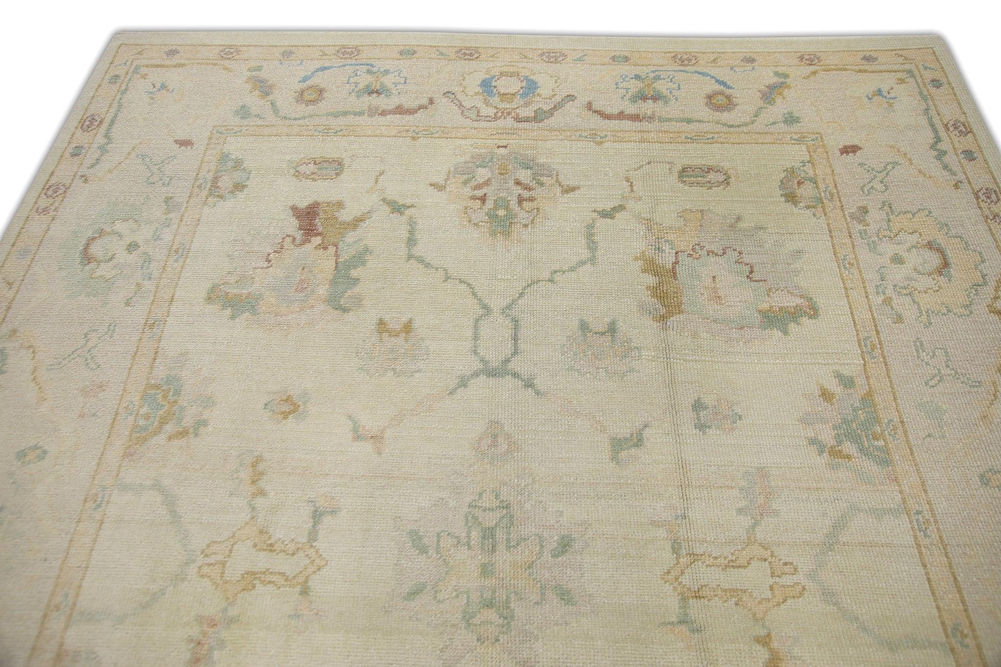 Contemporary Handwoven Wool Floral Turkish Oushak Rug in Soft Pink, Green, Blue 6'10