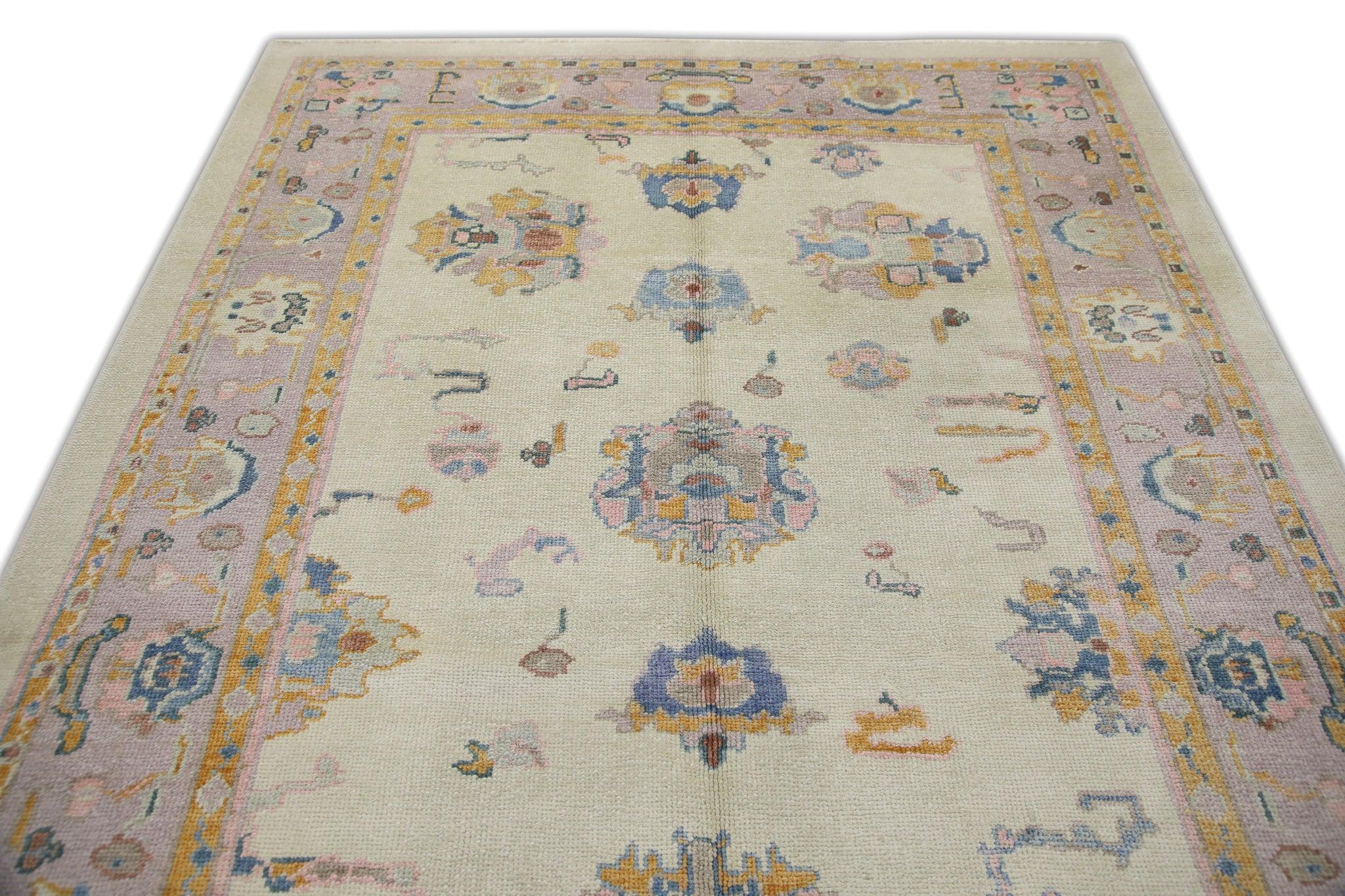 Contemporary Lilac, Orange, and Blue Floral Handwoven Wool Turkish Oushak Rug 6'2