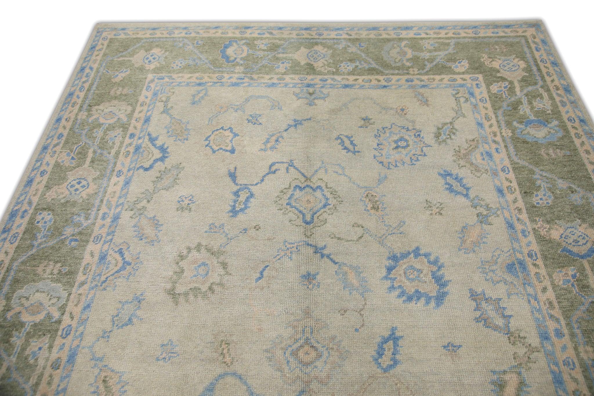 Contemporary Green and Blue Floral Pattern Handwoven Wool Turkish Oushak Rug 6'10