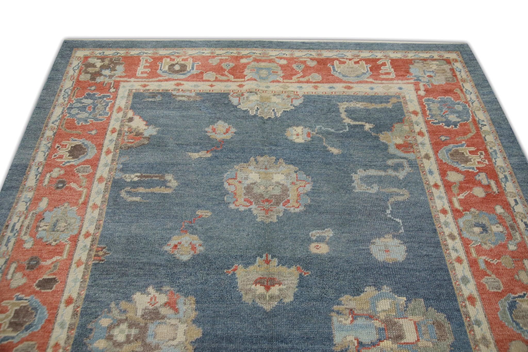 Contemporary Red and Blue Floral Handwoven Wool Turkish Oushak Rug 6' x 8'6