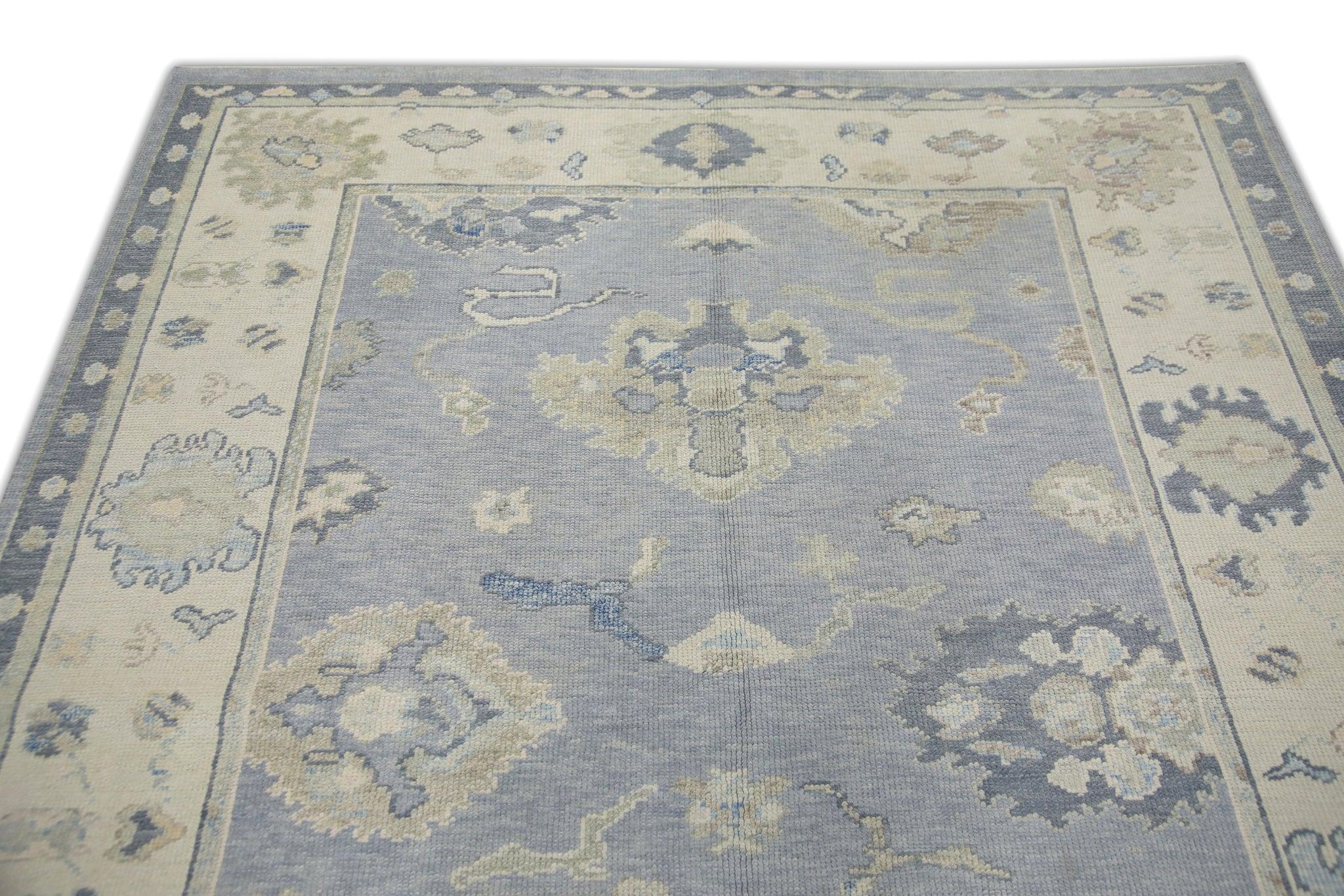 Contemporary Handwoven Wool Floral Design Turkish Oushak Rug in Periwinkle Blue 5'11