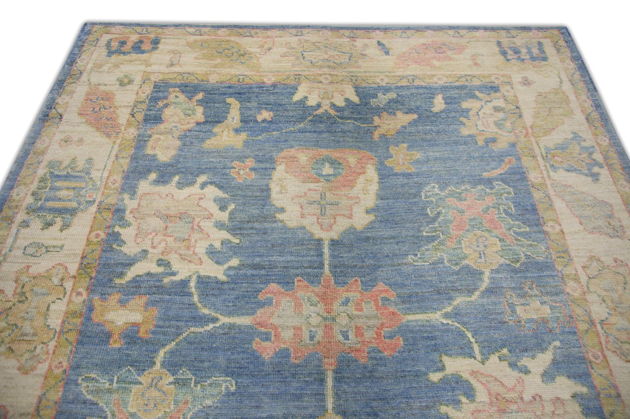 Contemporary Blue Floral Handwoven Wool Turkish Oushak Rug 7' x 8'7