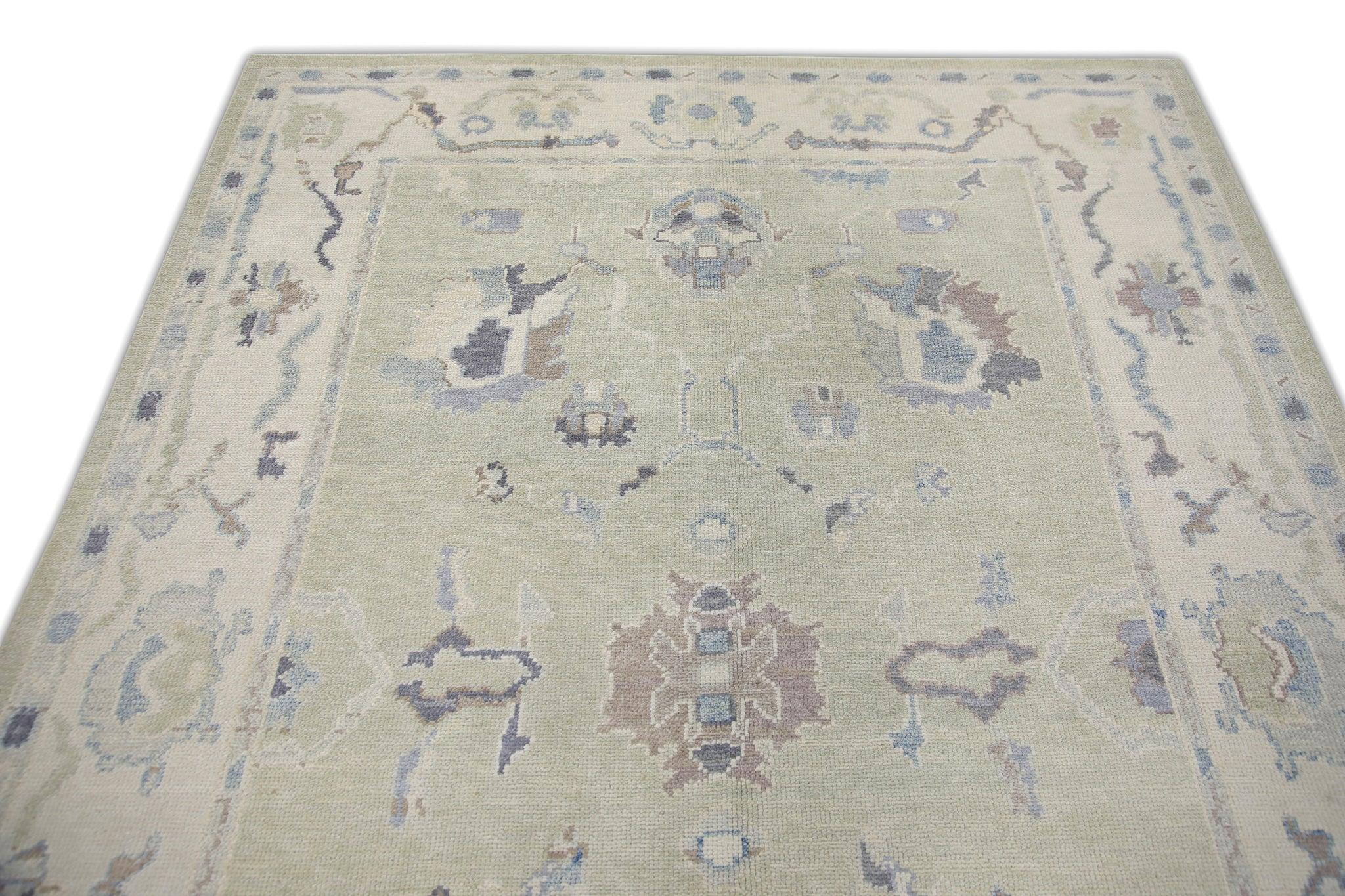 Contemporary Pale Green Floral Handwoven Wool Turkish Oushak Rug 6' x 8'7